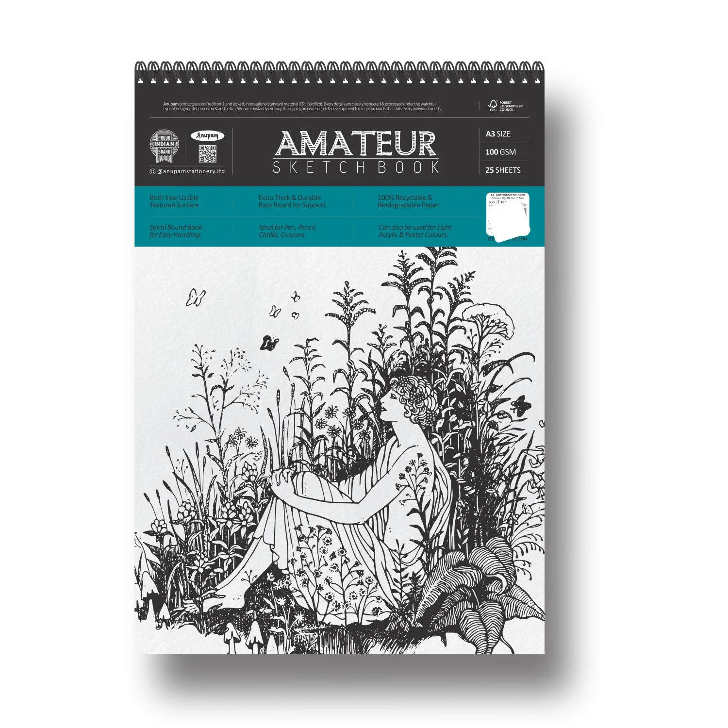 Anupam Amateur Sketchbook -Soft Bound-Cartridge Paper-Wireo Book-100GSM