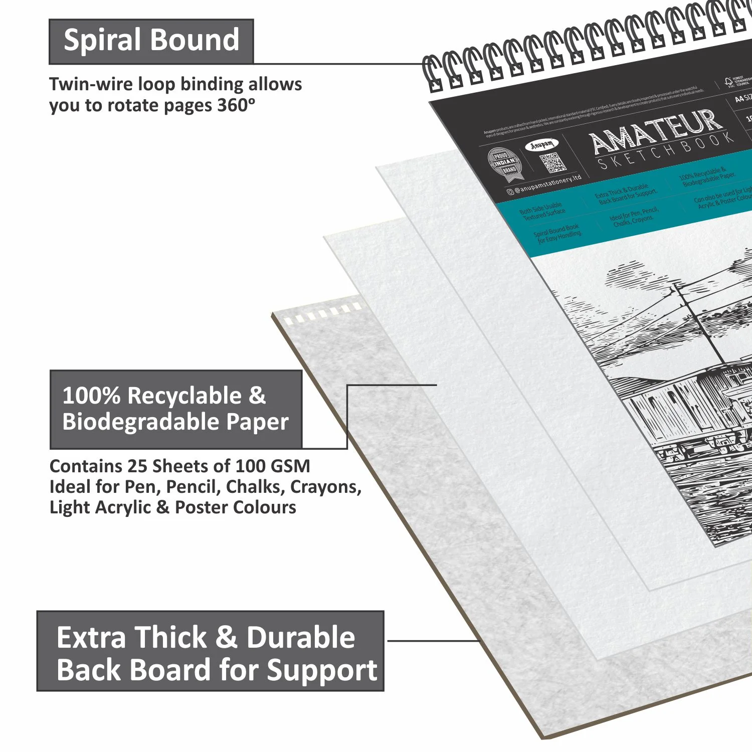 Anupam Amateur Sketchbook -Soft Bound-Cartridge Paper-Wireo Book-100GSM - Image 8