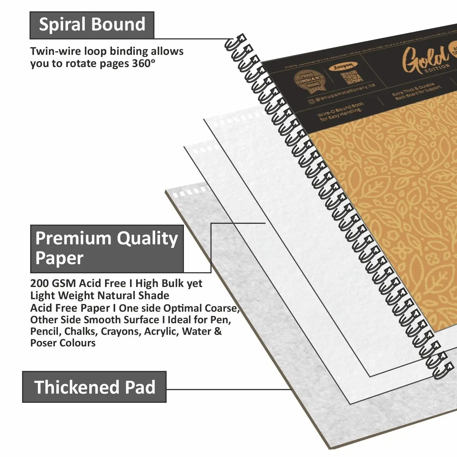 Anupam Artist Drawing Book-Gold Edition - 300 GSM - Natural Shade Paper - Image 3
