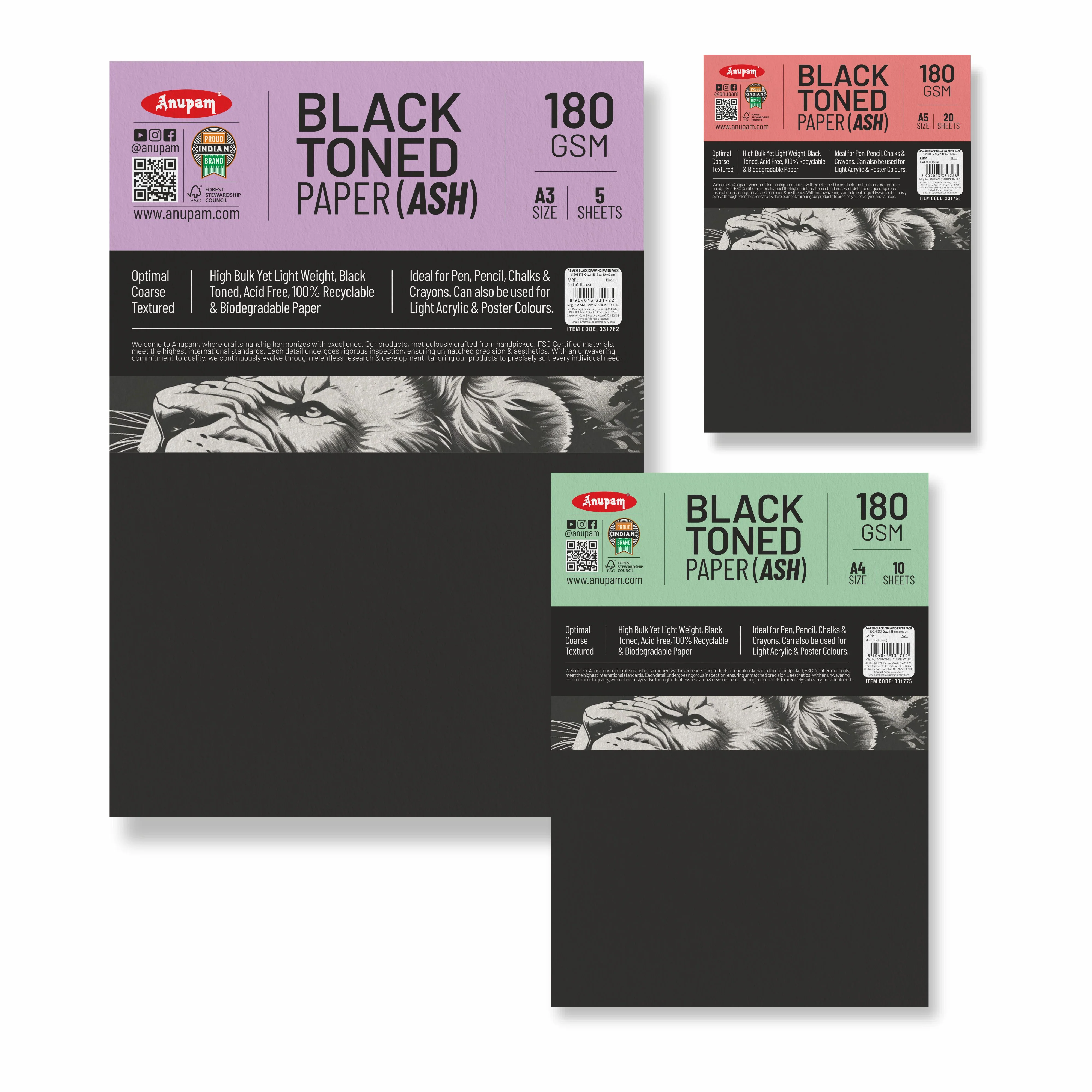 Anupam Ash Black Toned Cartridge Paper-Loose Sheets-180 GSM ( Pack of 2 ) - Image 25