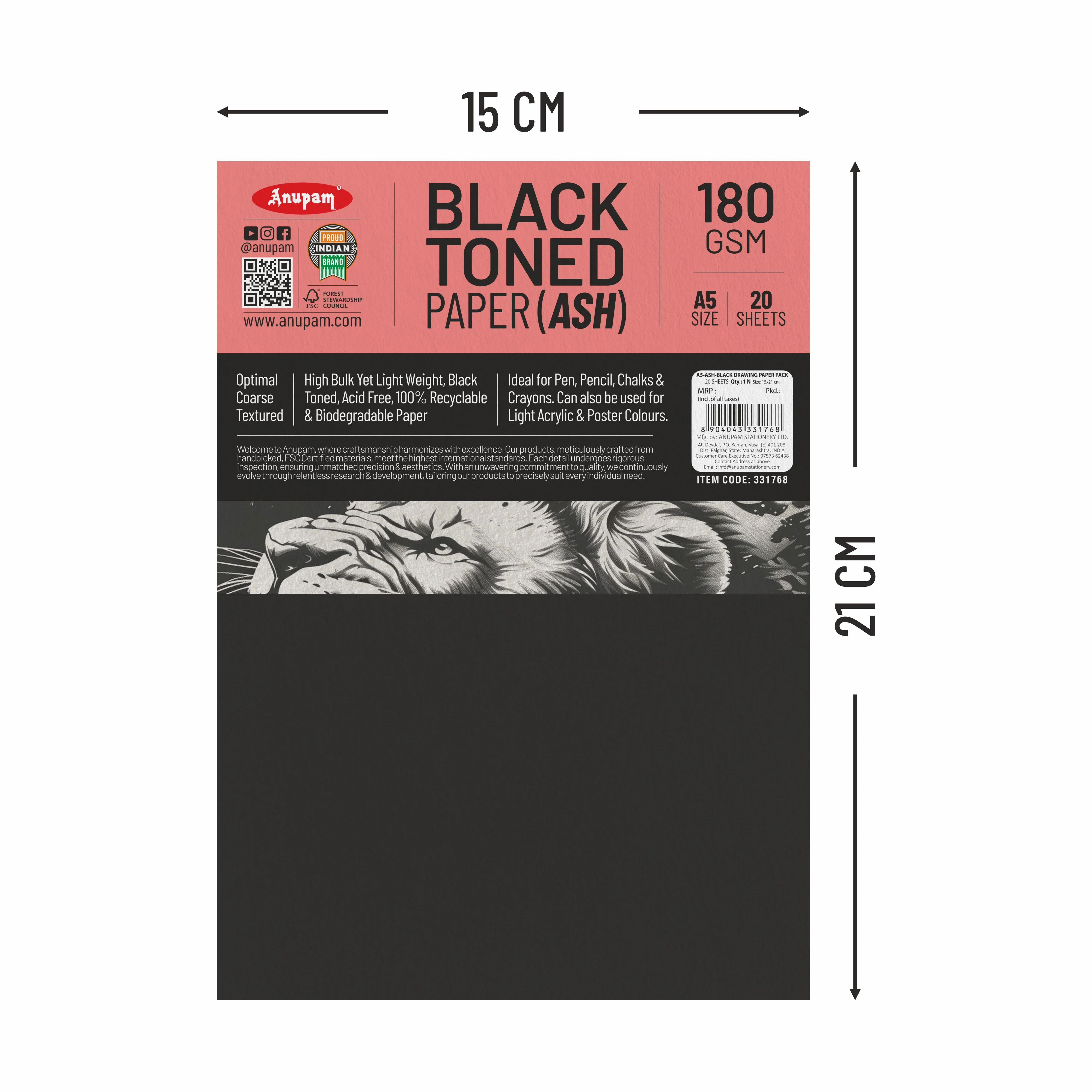 Anupam Ash Black Toned Cartridge Paper-Loose Sheets-180 GSM ( Pack of 2 ) - Image 3