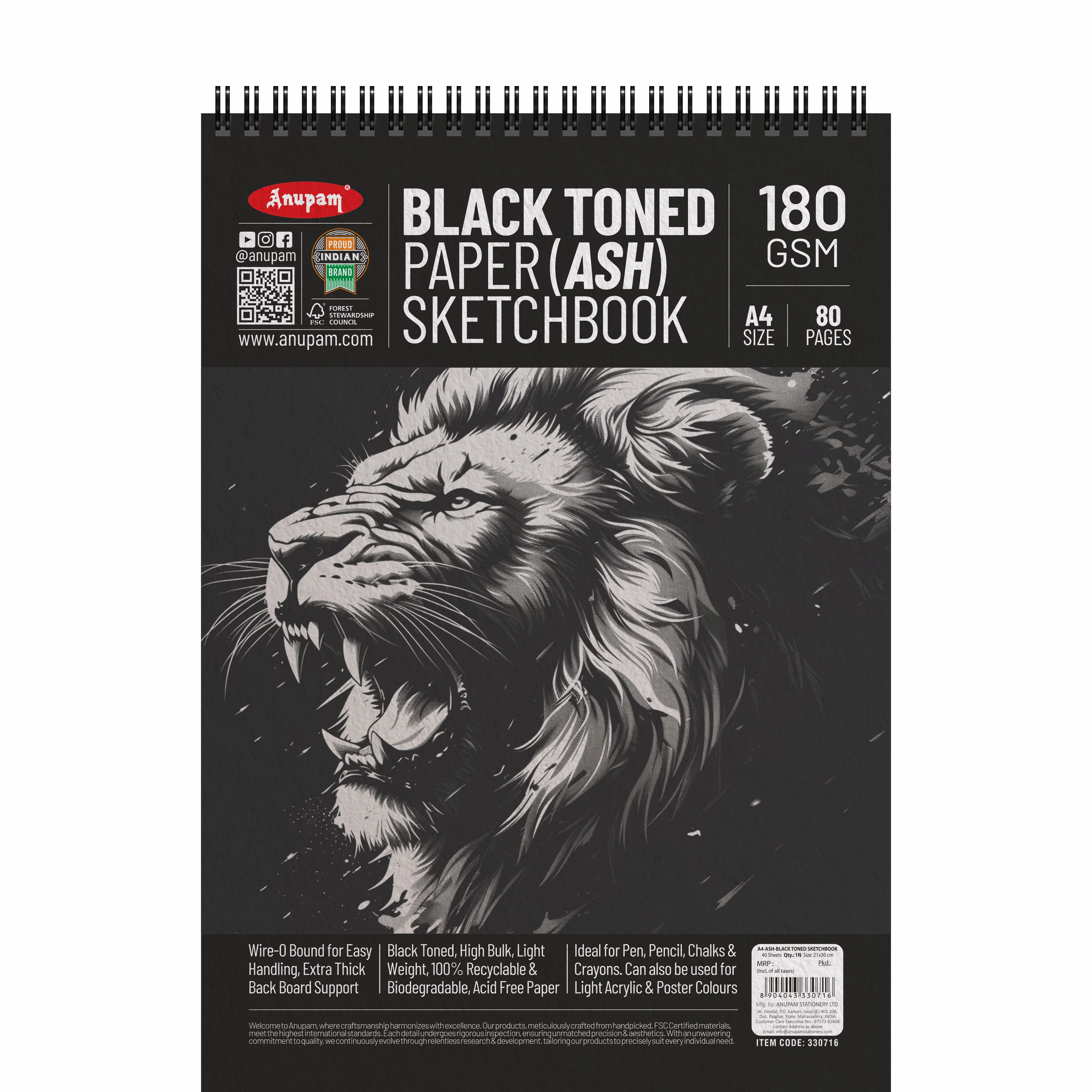 Anupam Ash Black Toned Sketchbook-Cartridge Paper-Soft cover WireO Bound-180GSM - Image 11