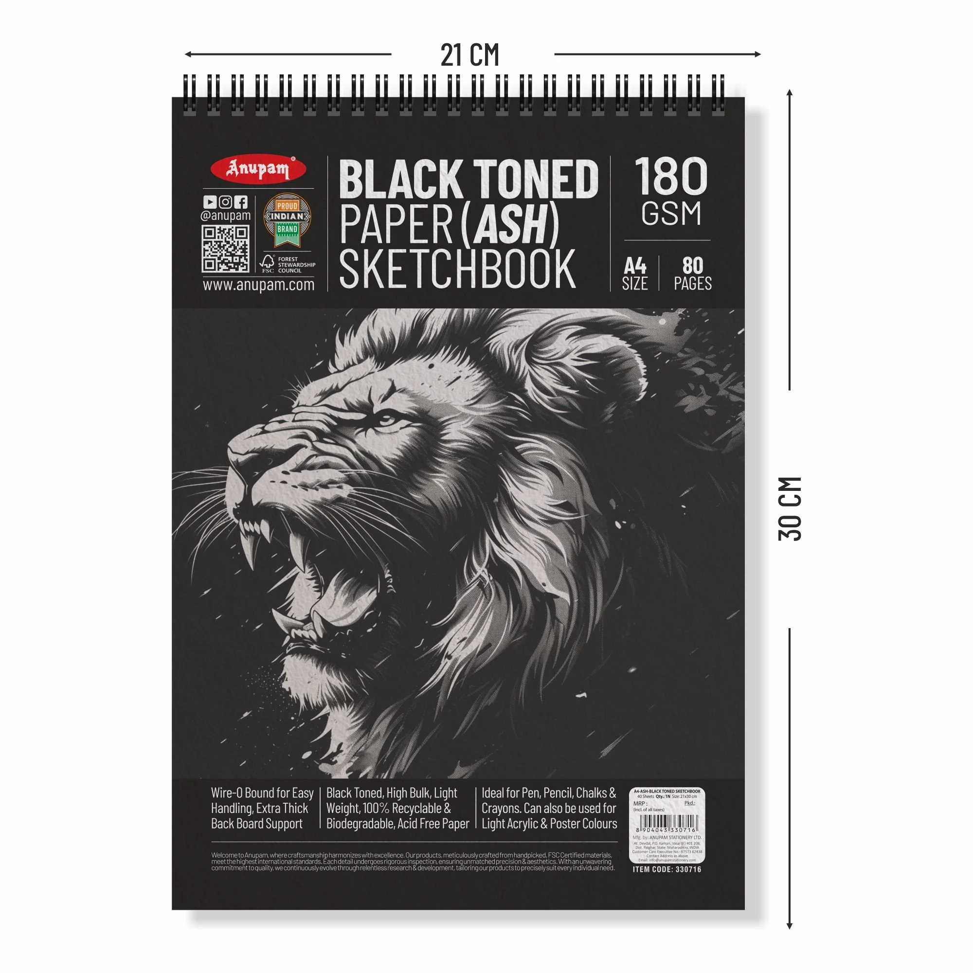 Anupam Ash Black Toned Sketchbook-Cartridge Paper-Soft cover WireO Bound-180GSM - Image 12