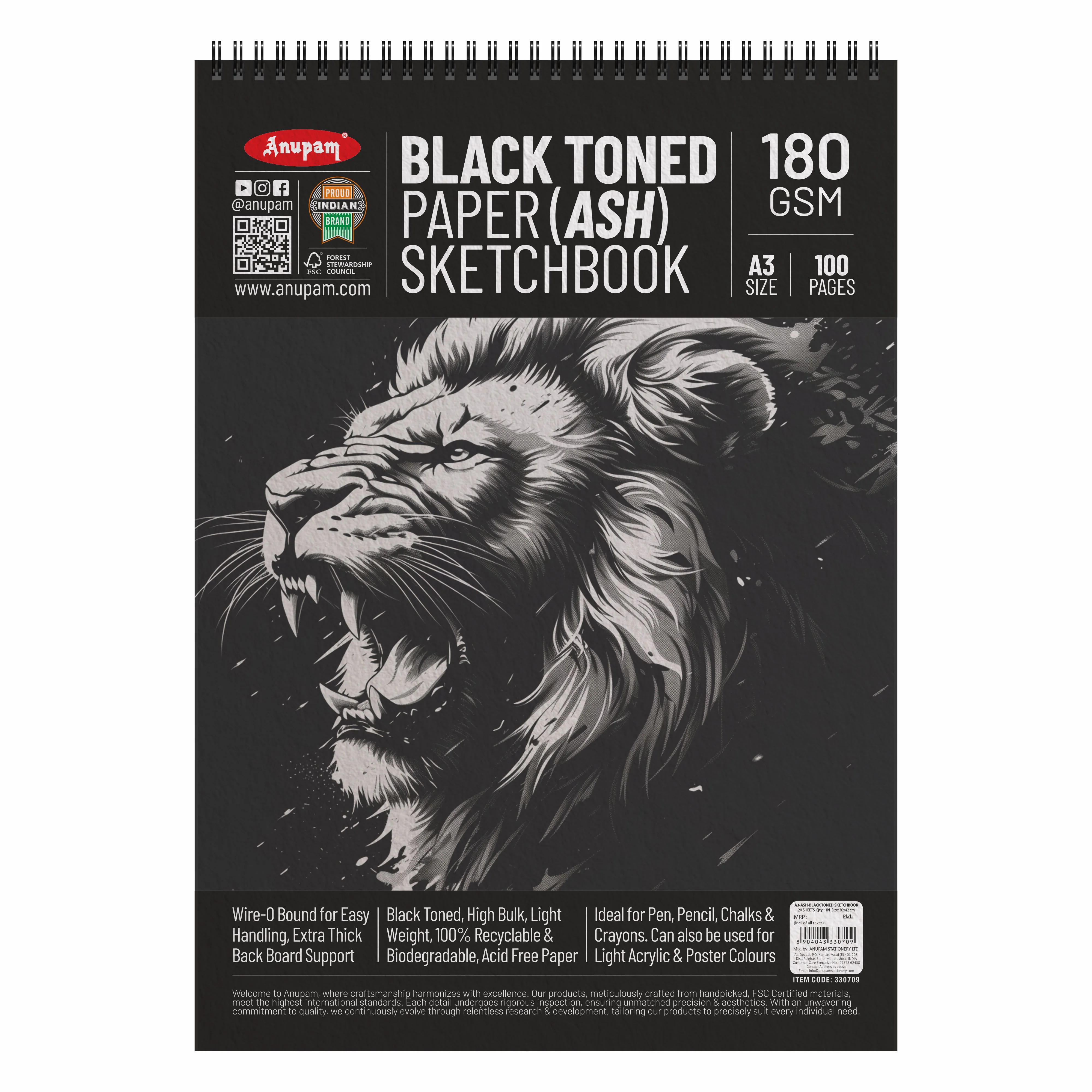 Anupam Ash Black Toned Sketchbook-Cartridge Paper-Soft cover WireO Bound-180GSM - Image 13