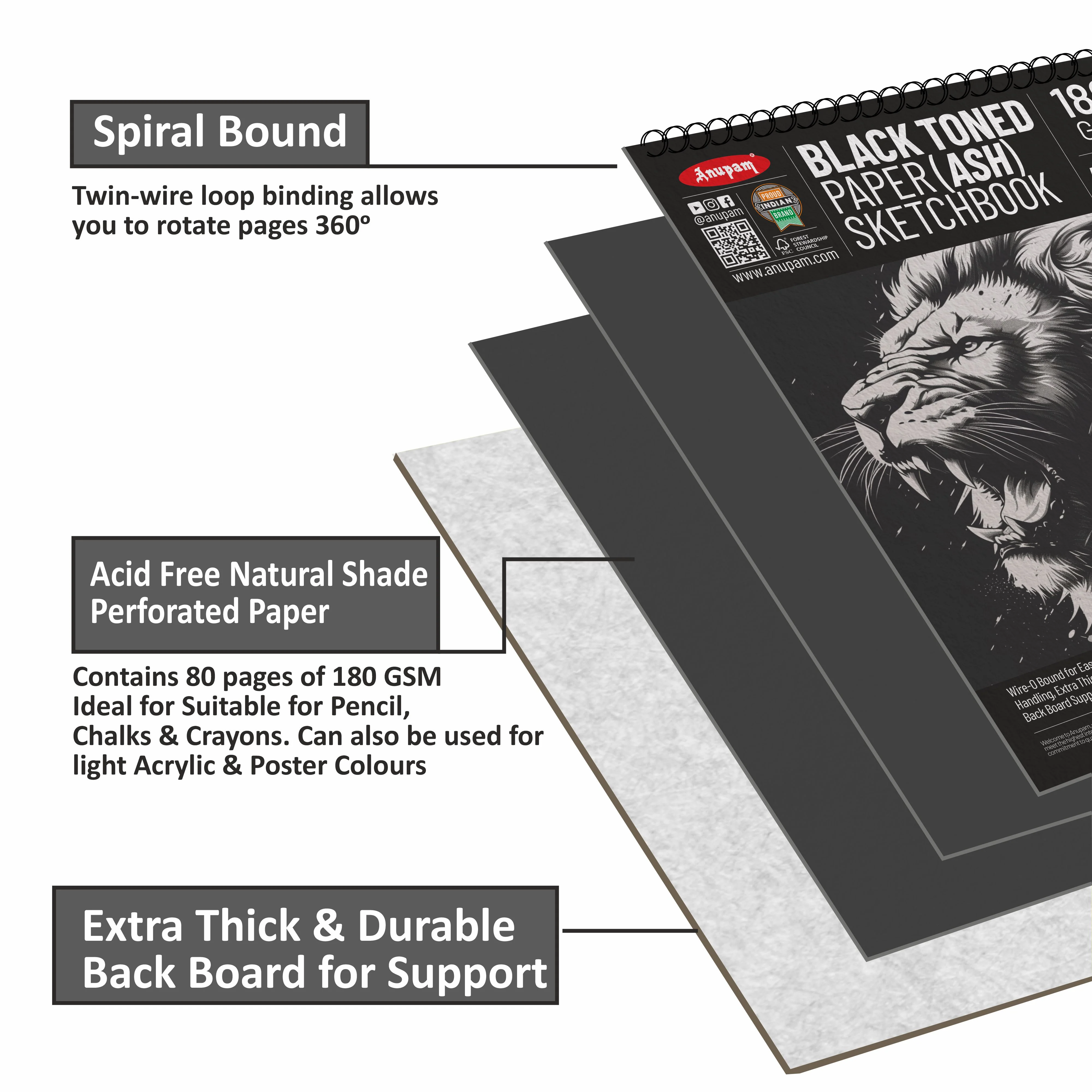 Anupam Ash Black Toned Sketchbook-Cartridge Paper-Soft cover WireO Bound-180GSM - Image 4