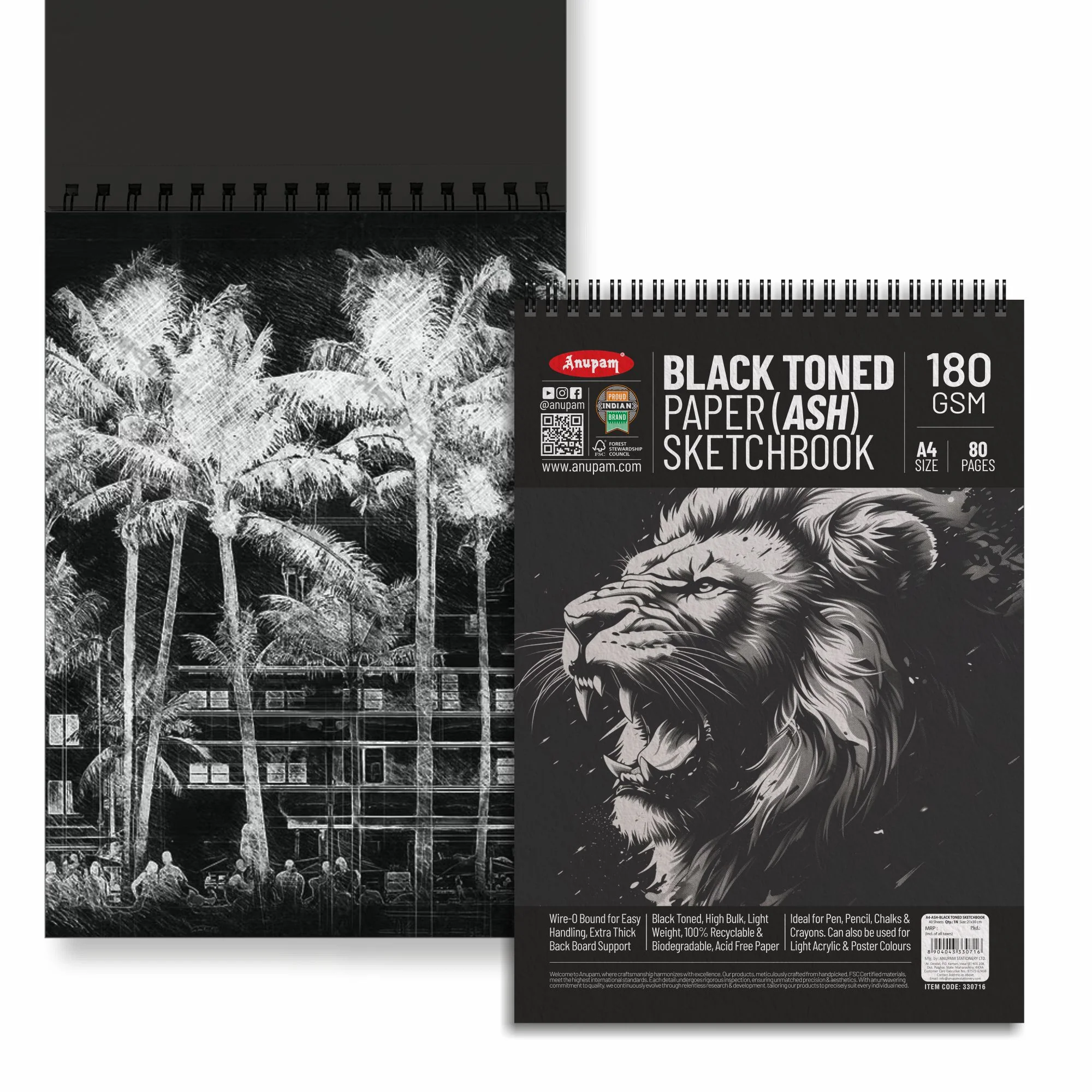 Anupam Ash Black Toned Sketchbook-Cartridge Paper-Soft cover WireO Bound-180GSM - Image 9