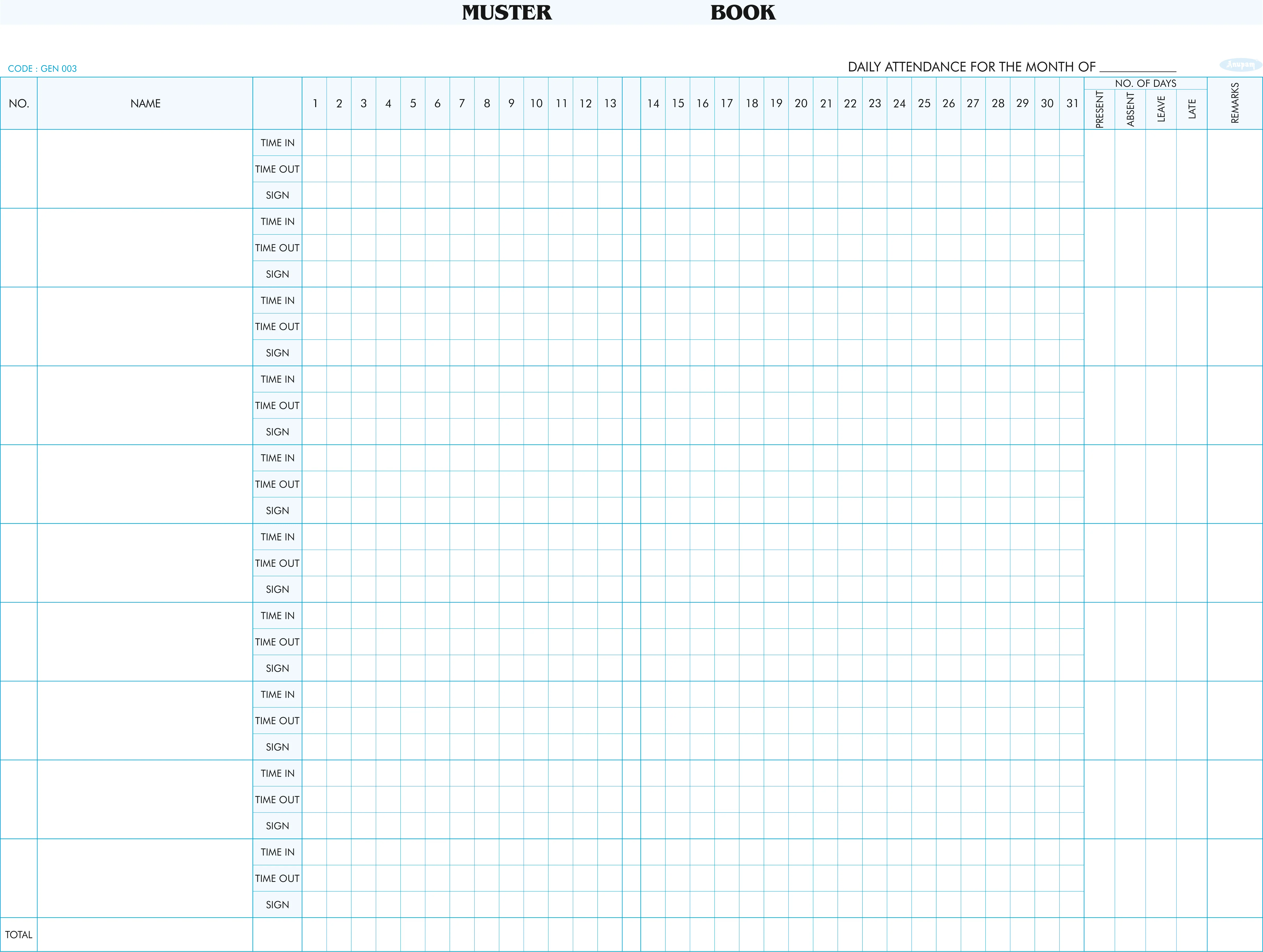 Anupam Attendance Register Signature Time in & Out-Attendance Tracker Book-Hard Bound Class Record Book with 10 Names Per Page-70 GSM-(003) - Image 2