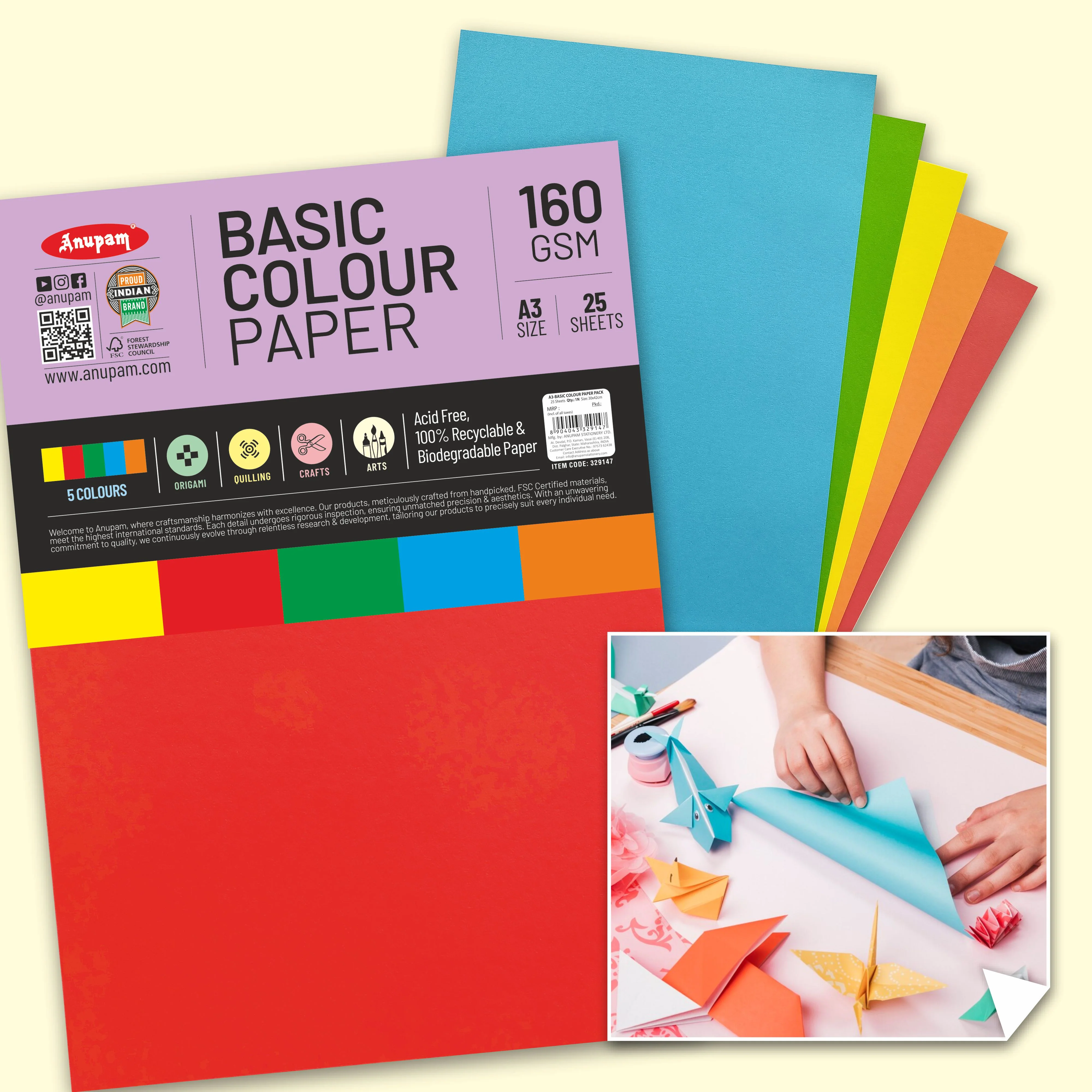 Anupam Colorful Paper – 5 Basic Colour for Art and Craft-160 GSM - Image 19