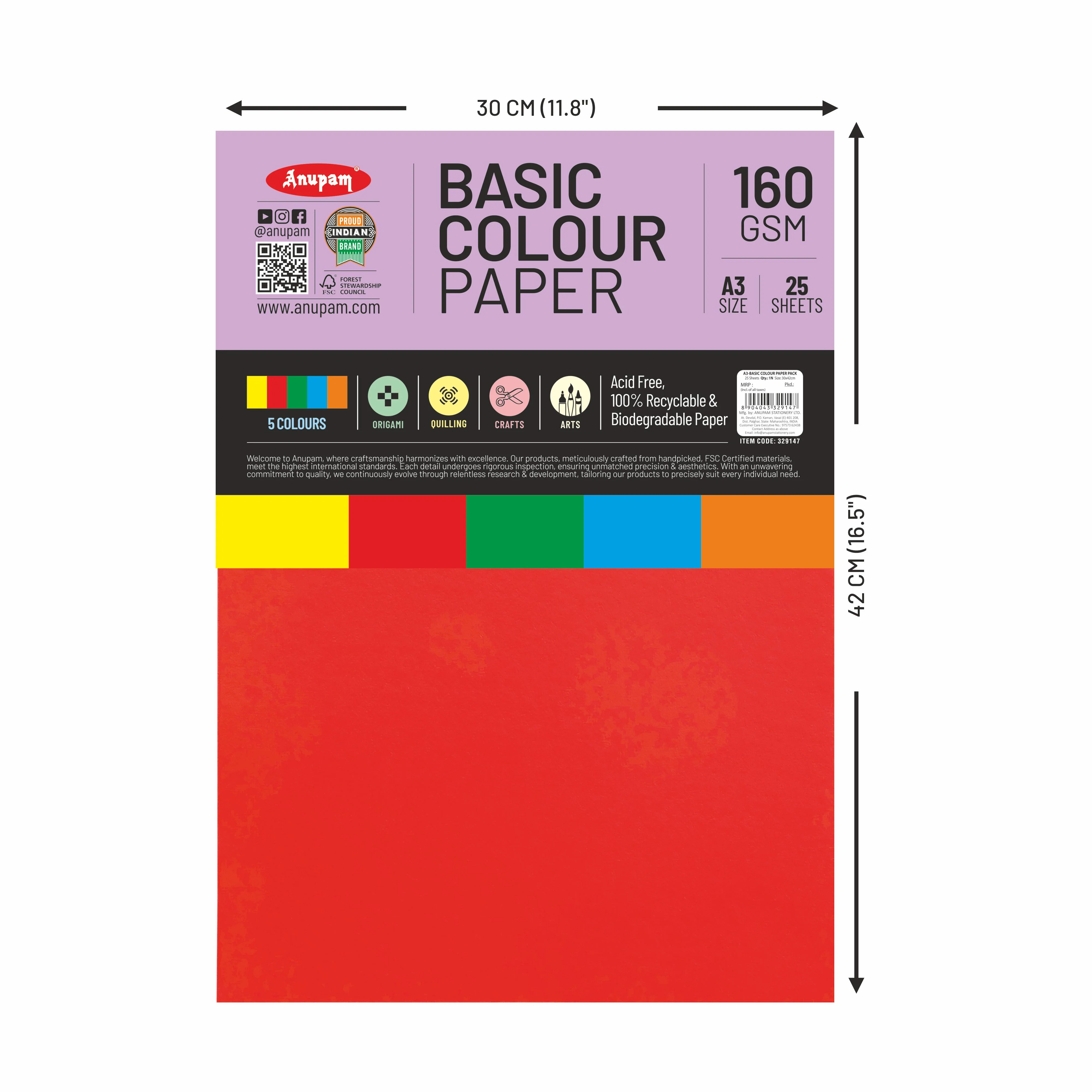 Anupam Colorful Paper – 5 Basic Colour for Art and Craft-160 GSM - Image 2