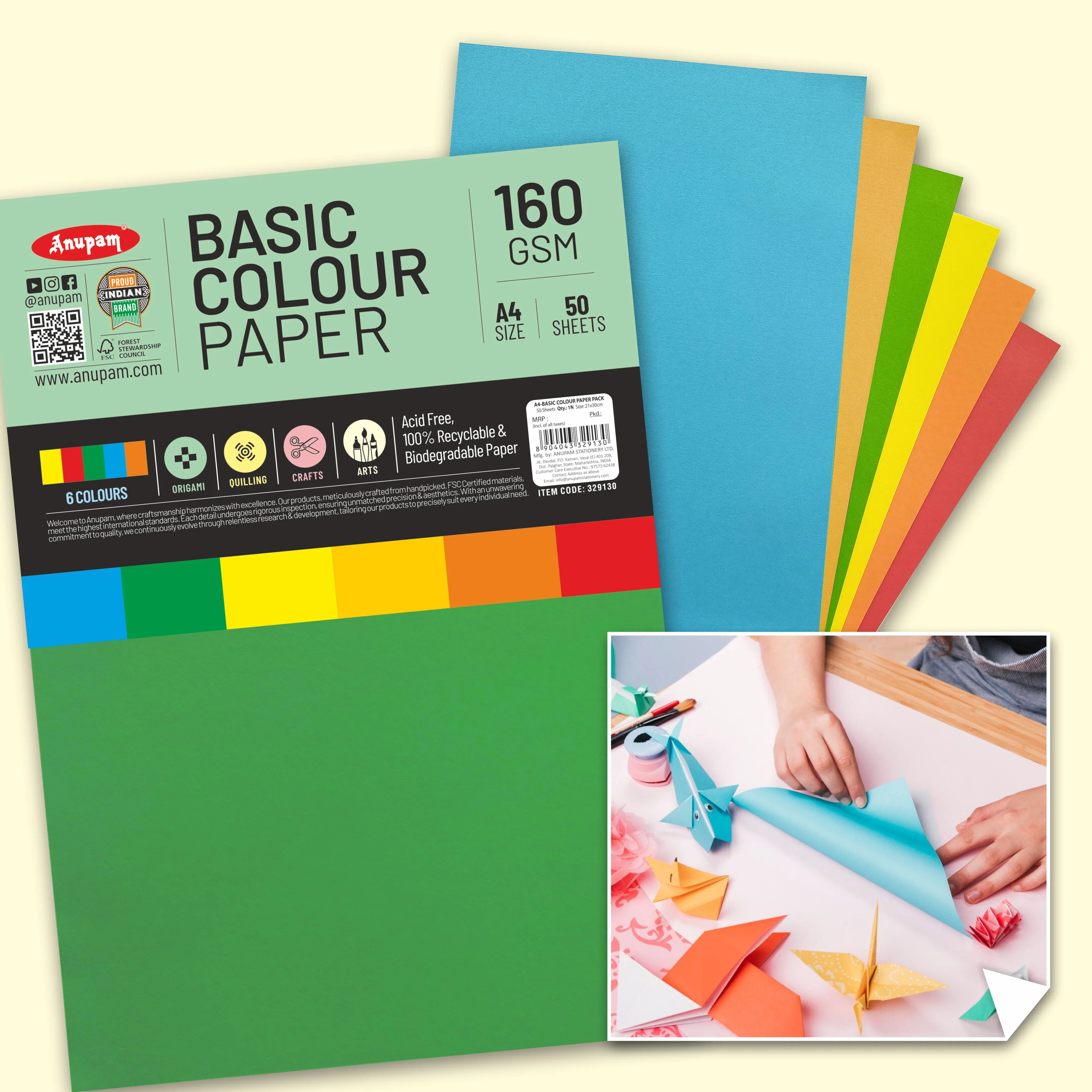 Anupam Colorful Paper – 5 Basic Colour for Art and Craft-160 GSM - Image 22