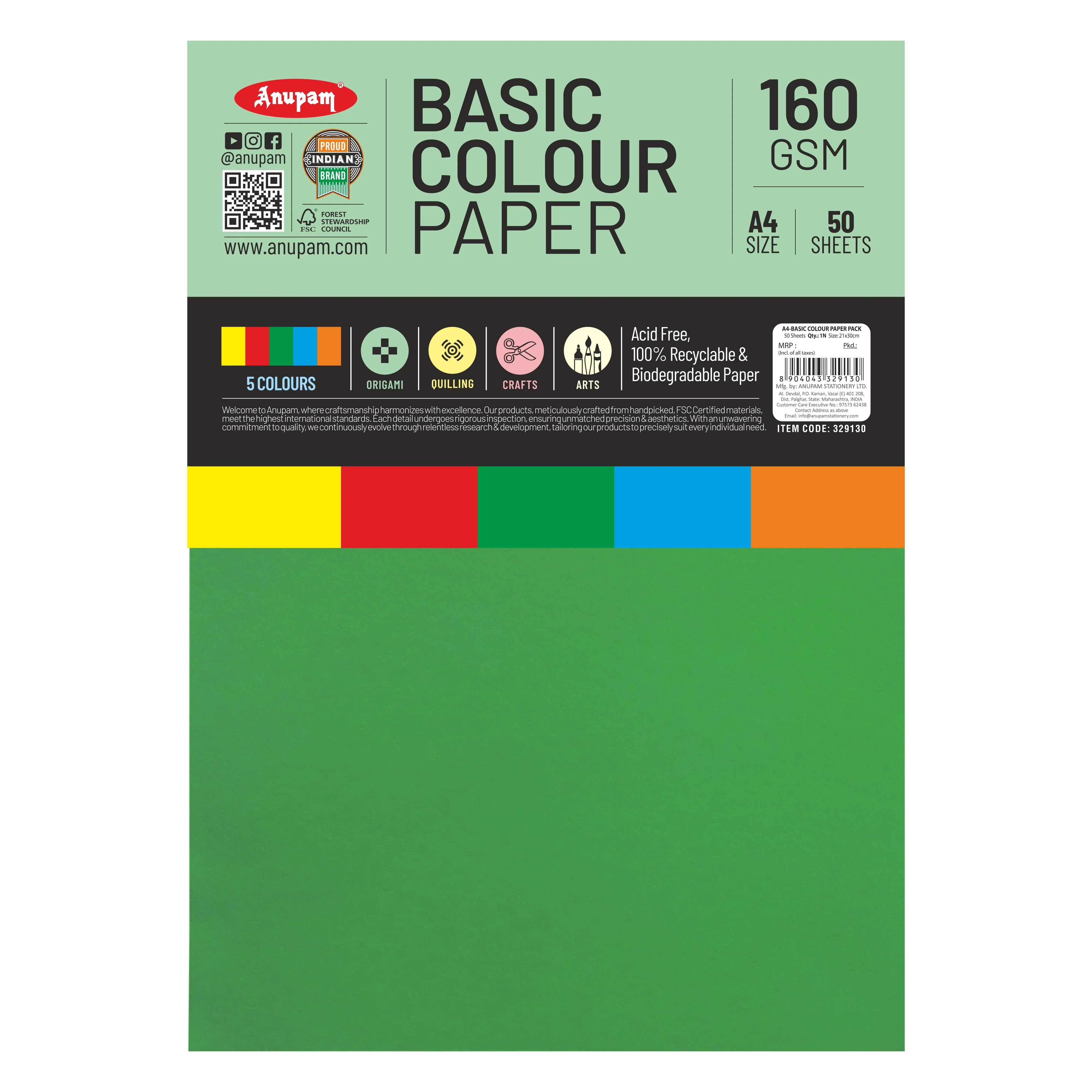 Anupam Colorful Paper – 5 Basic Colour for Art and Craft-160 GSM - Image 4