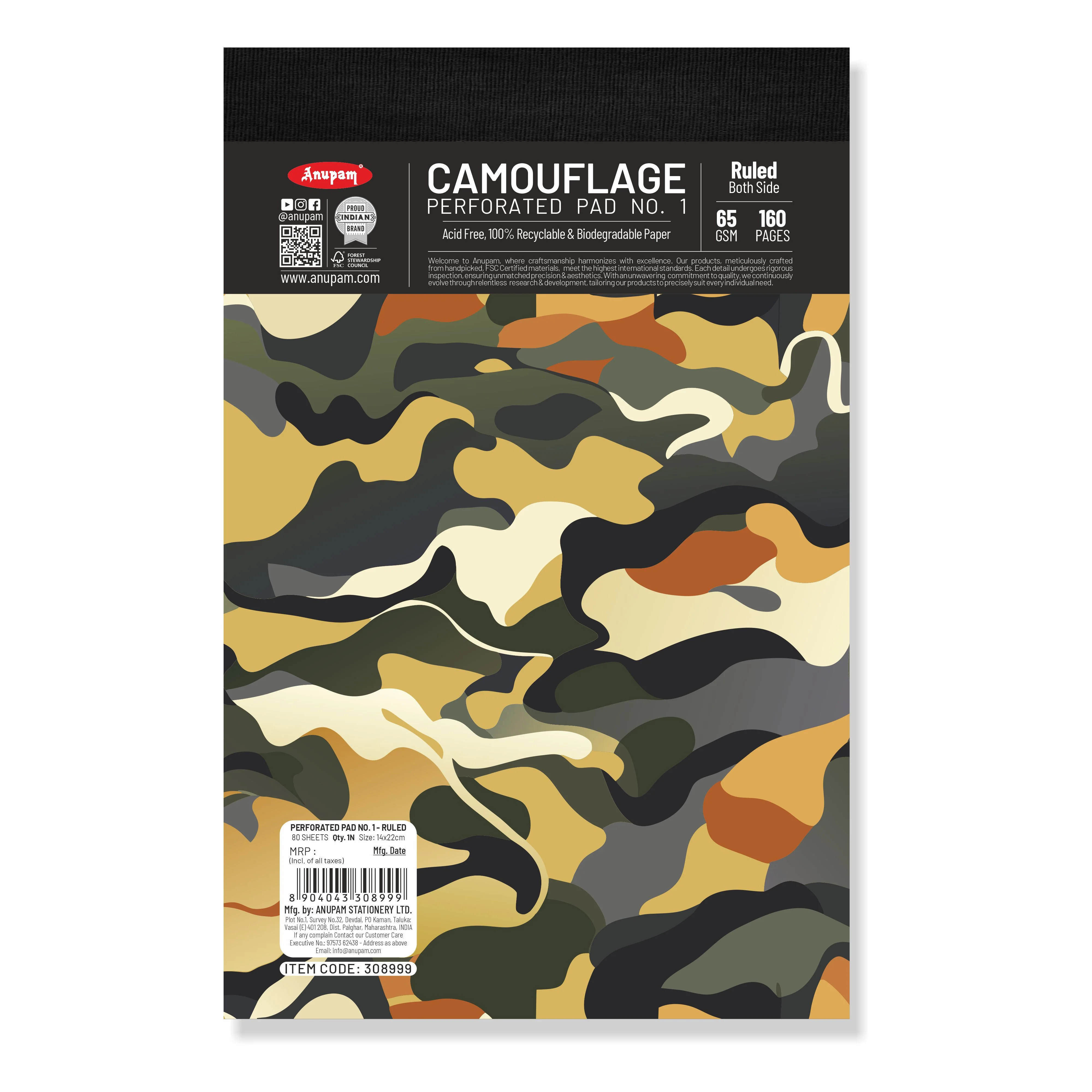 Anupam Camouflage Writing Pad-Wide Ruled Notepad-65 GSM-Micro Perforated Notebook-80 sheets - Image 3