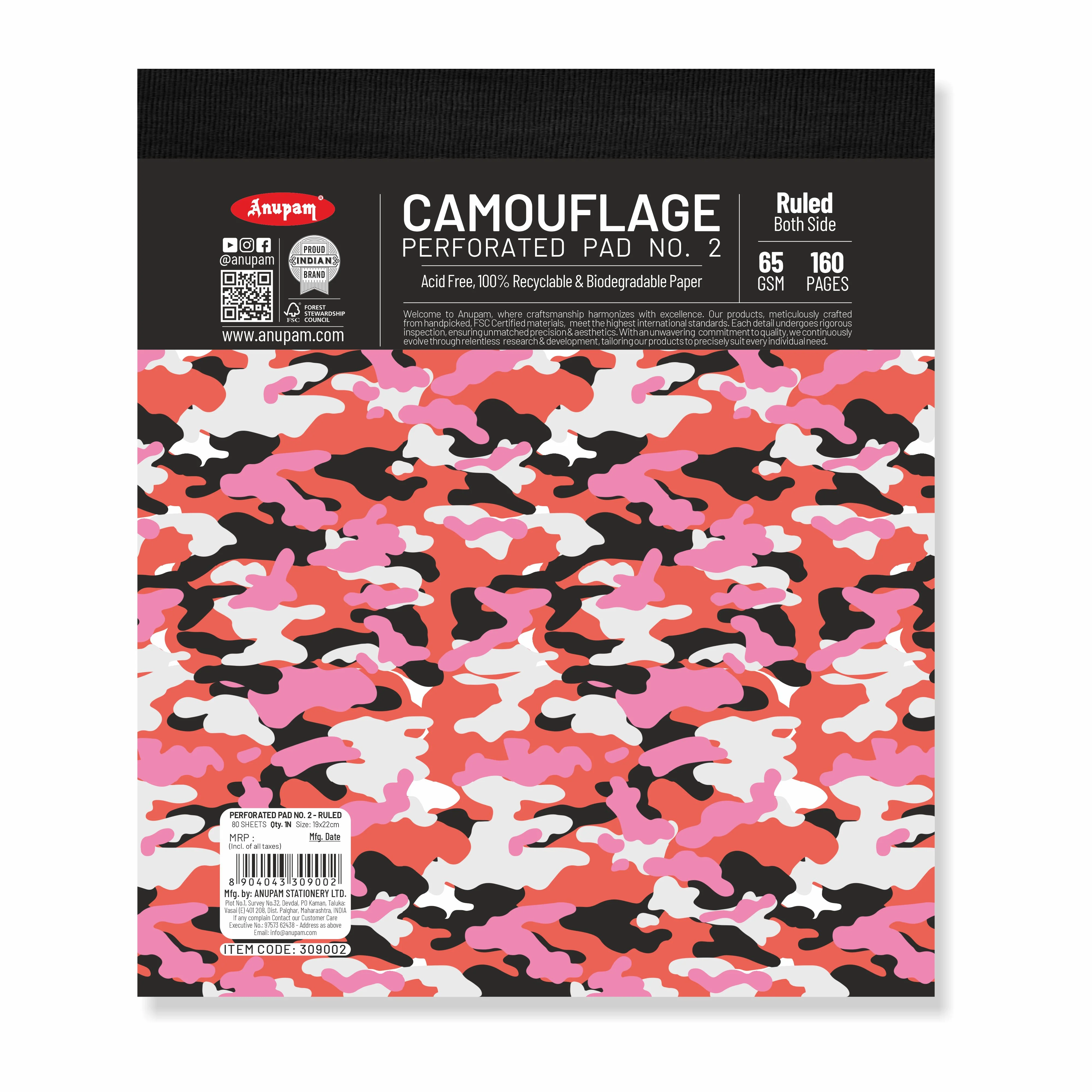 Anupam Camouflage Writing Pad-Wide Ruled Notepad-65 GSM-Micro Perforated Notebook-80 sheets - Image 4