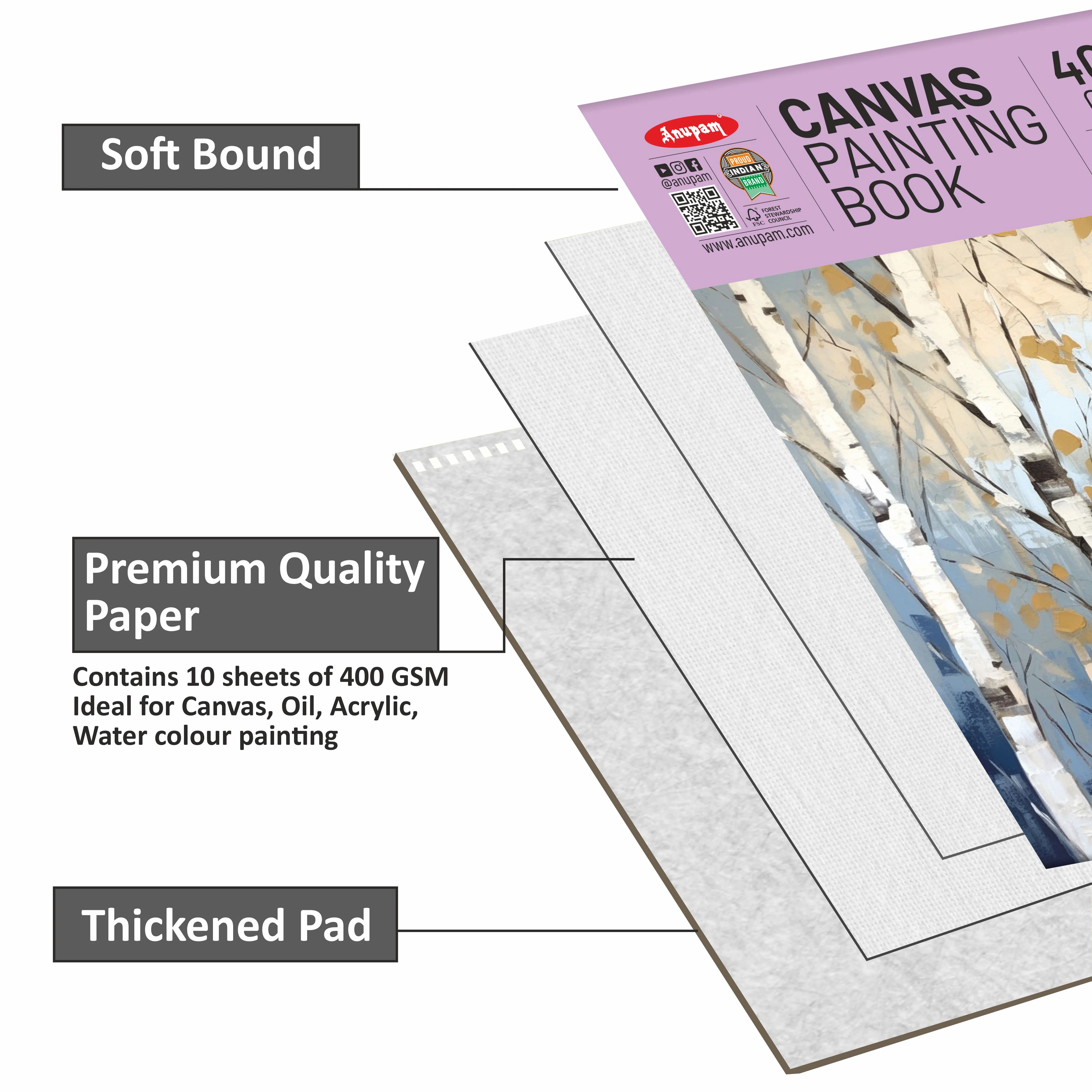 Anupam Canvas Pad Acrylic Gesso Primed Acid Free-10 Oz -400GSM-(10 Sheets) - Image 4