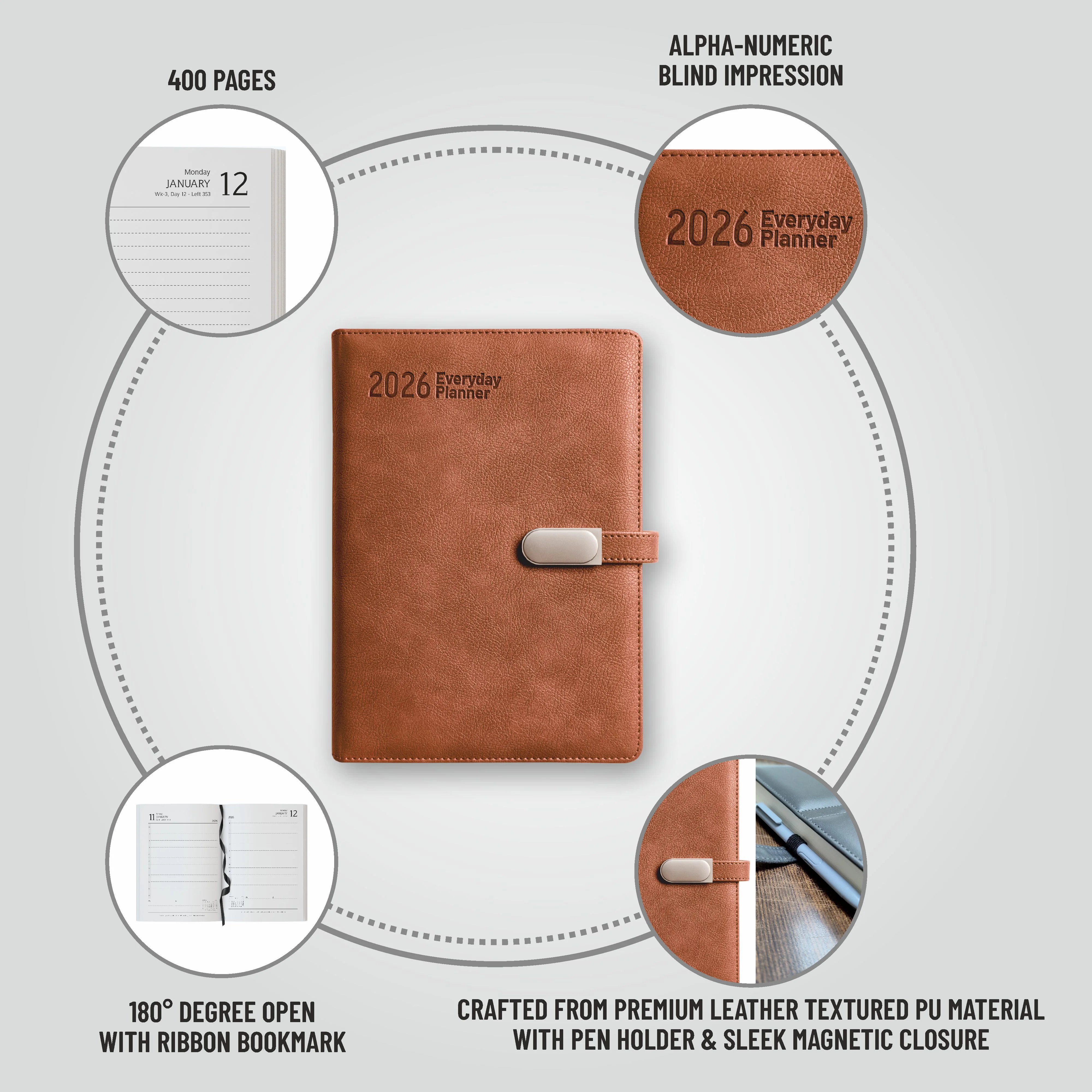 Anupam Crest 2026 Diary, Daily Planner with Dates, 365 Days Full Page Per Day, Monthly Calendar, PU Leather Textured Cover, Metallic Magnetic Closure & Pen Holder – New Year Office Diary - Image 23