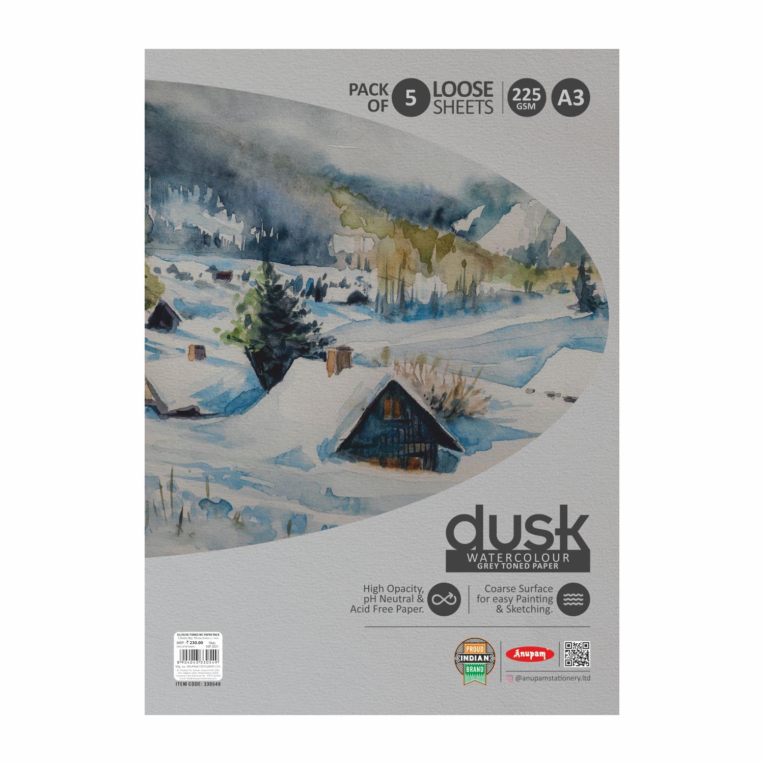 Anupam Dusk Grey Toned Paper-Acid Free-pH Neutral-Cold Pressed Paper-Coarse Surface-225 GSM