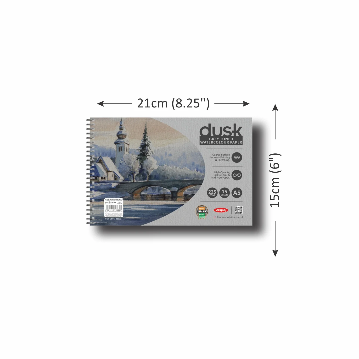 Anupam Dusk Grey Toned Water Colour Paper Cold Pressed Wireo Book 225 GSM - Image 3