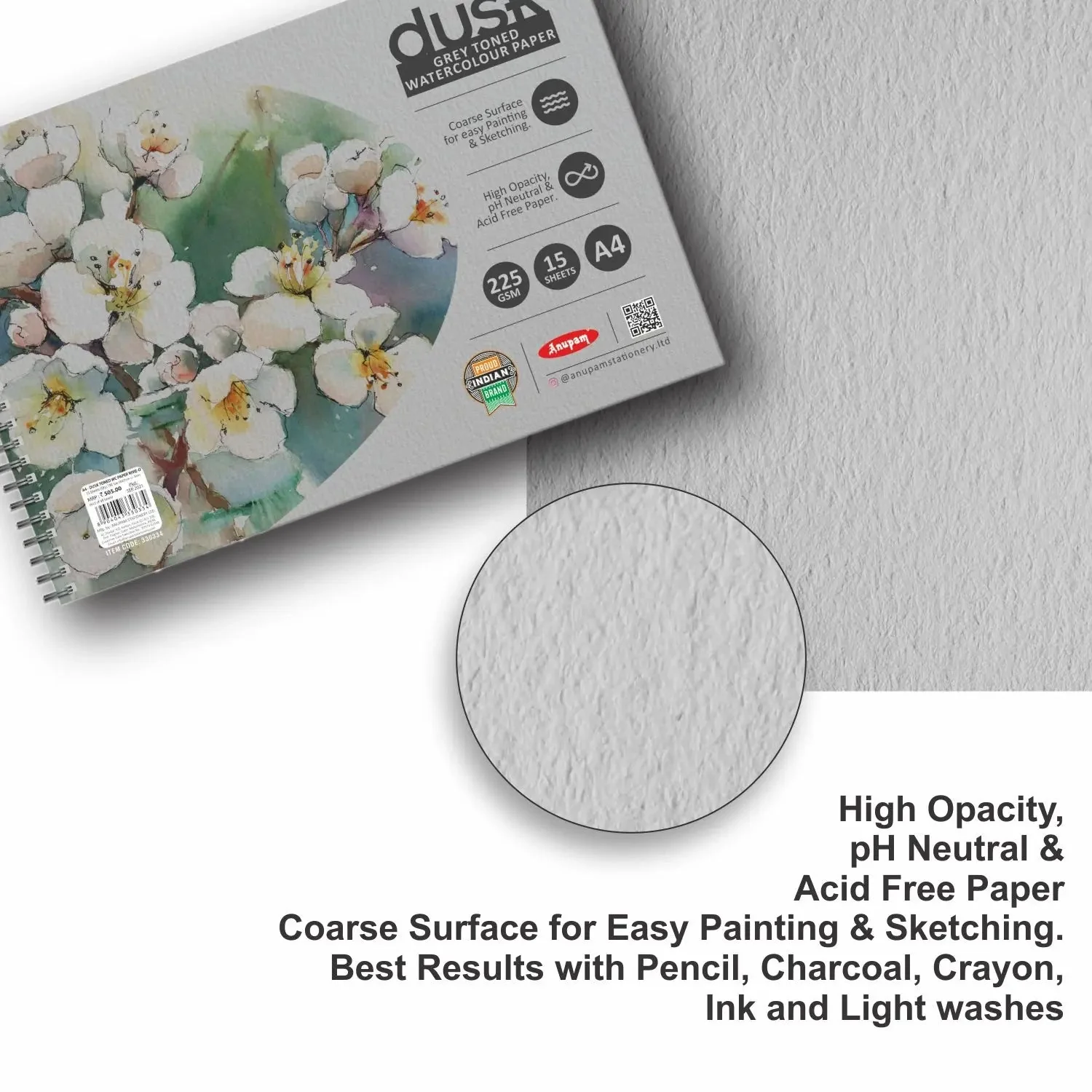Anupam Dusk Grey Toned Water Colour Paper Cold Pressed Wireo Book 225 GSM - Image 7