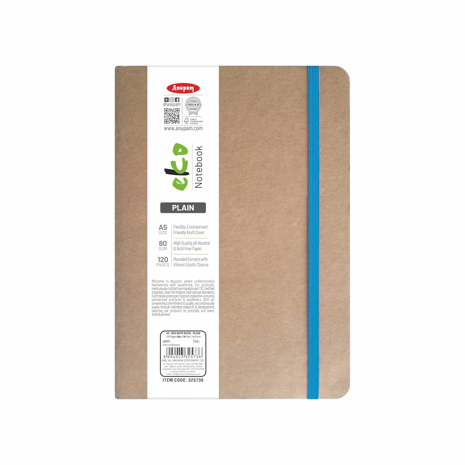 Anupam Eco friendly Eko Writing Journal With Kraft Paper Cover-Binding Stitches-A5-80 GSM-(120 Pages)