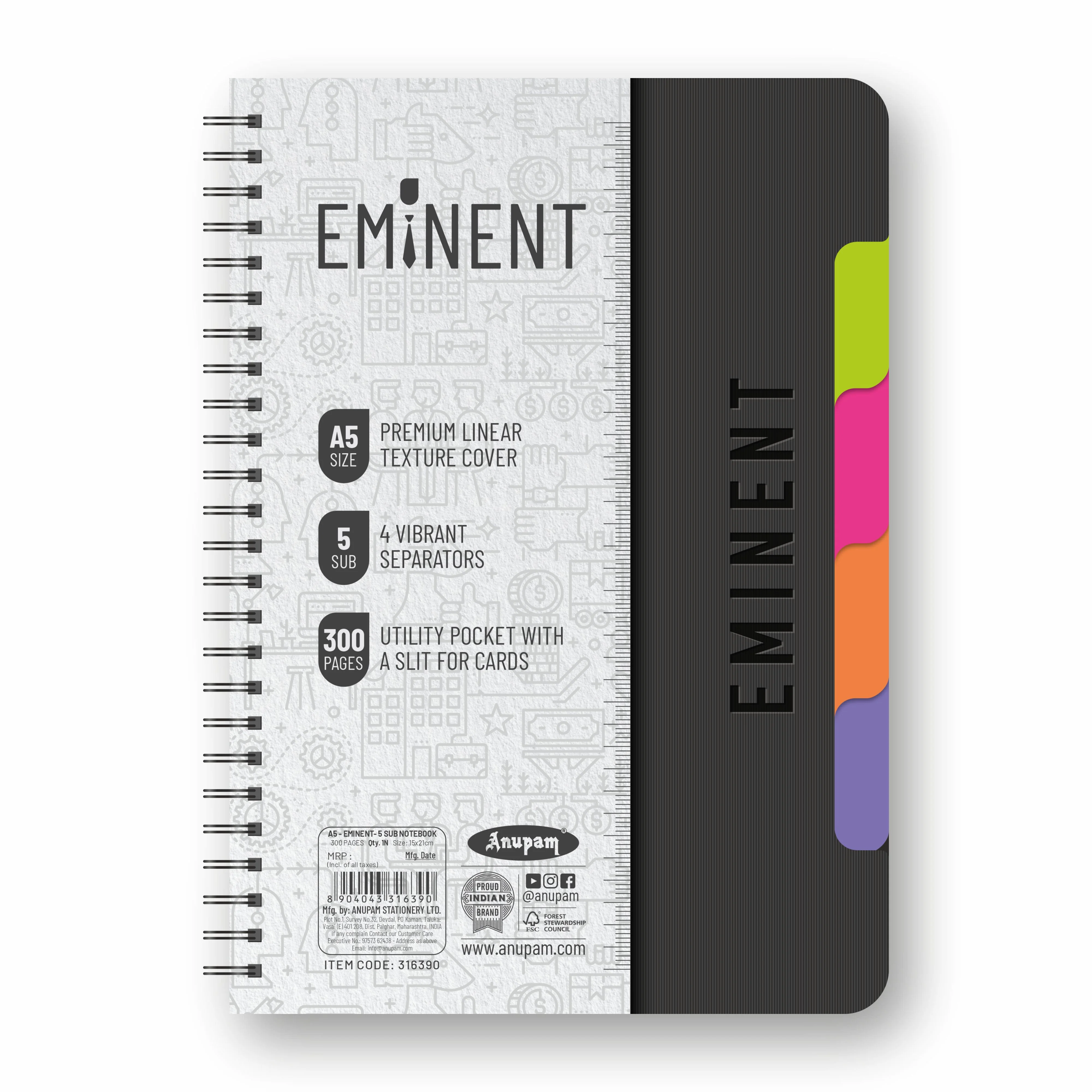 Anupam Eminent Multi-Subject Spiral Notebook–College Ruled with Pocket-Movable Dividers-Premium Cover-70GSM - Image 12