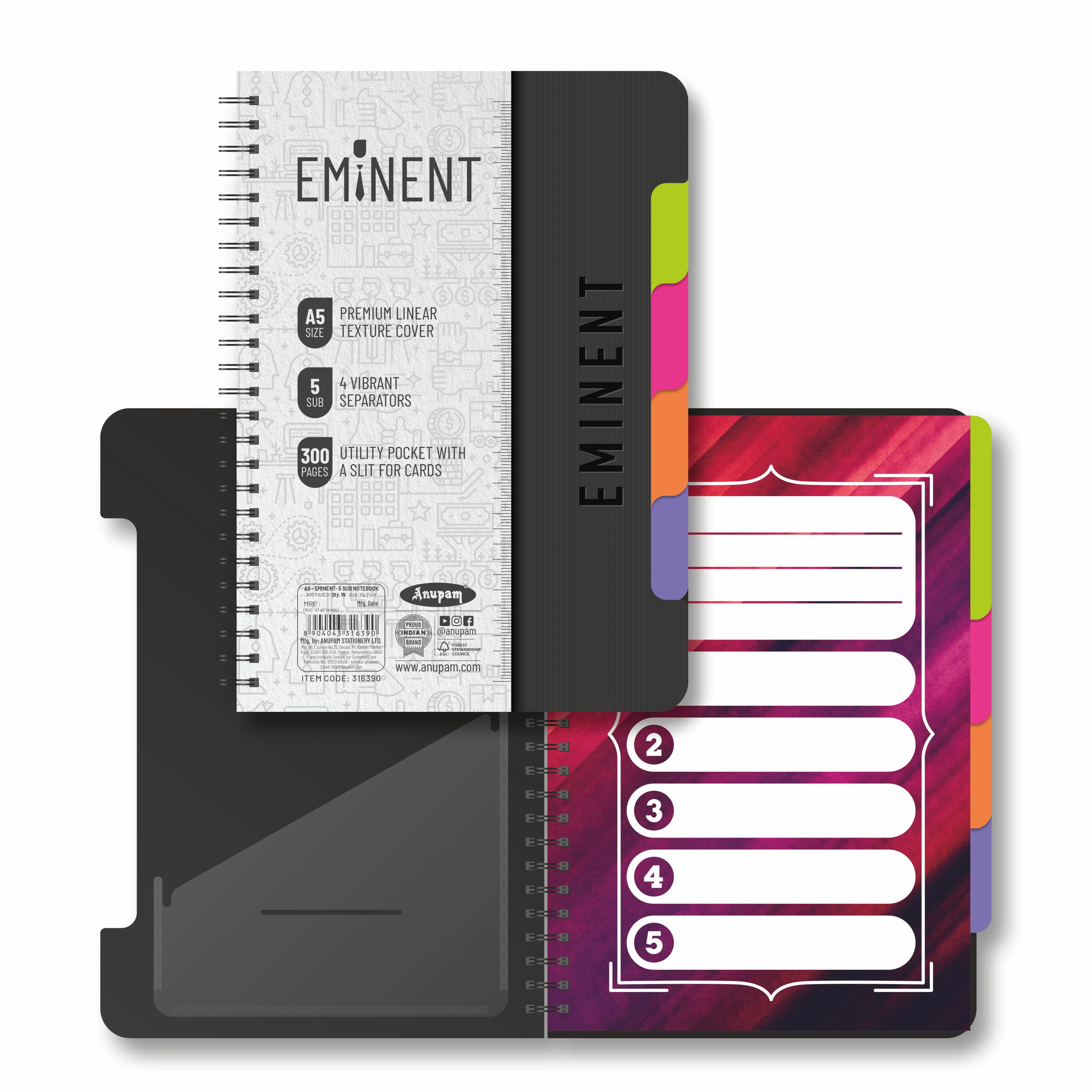 Anupam Eminent Multi-Subject Spiral Notebook–College Ruled with Pocket-Movable Dividers-Premium Cover-70GSM - Image 14