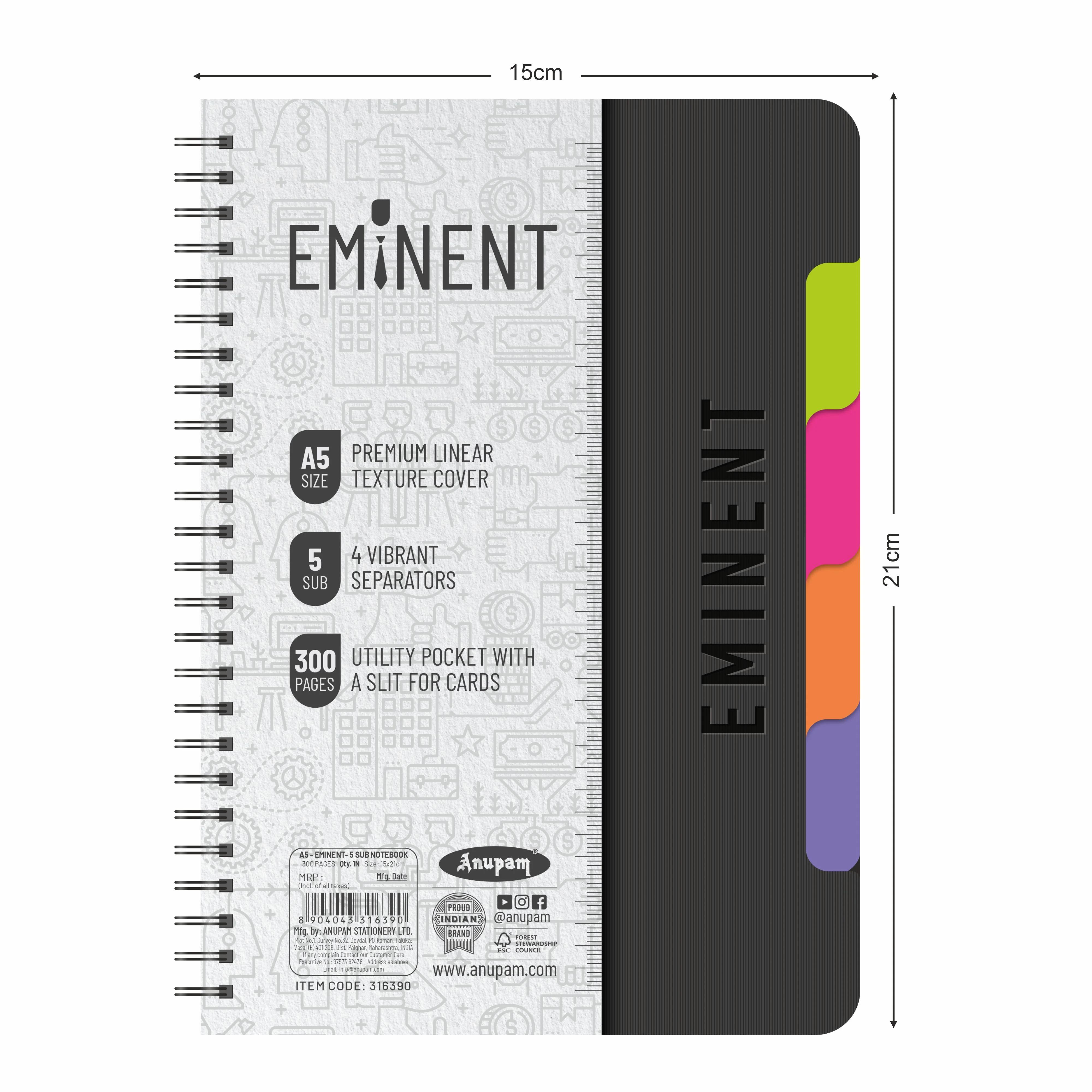 Anupam Eminent Multi-Subject Spiral Notebook–College Ruled with Pocket-Movable Dividers-Premium Cover-70GSM - Image 20