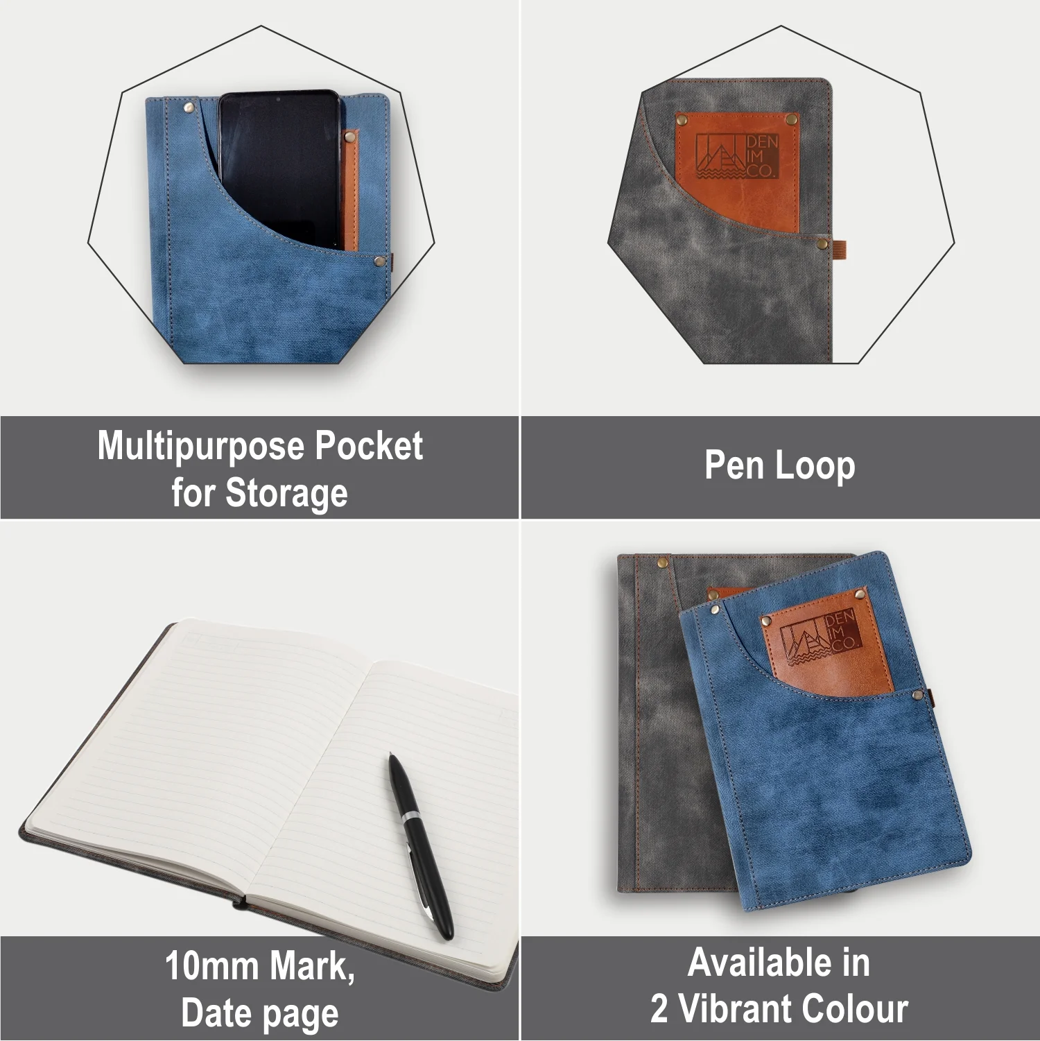 Anupam Engage Ruled Notebook-Denim PU Hardcover Journal Notebook-80 gsm 192 Pages Thick Paper Notebook with Front Pockets - Image 4