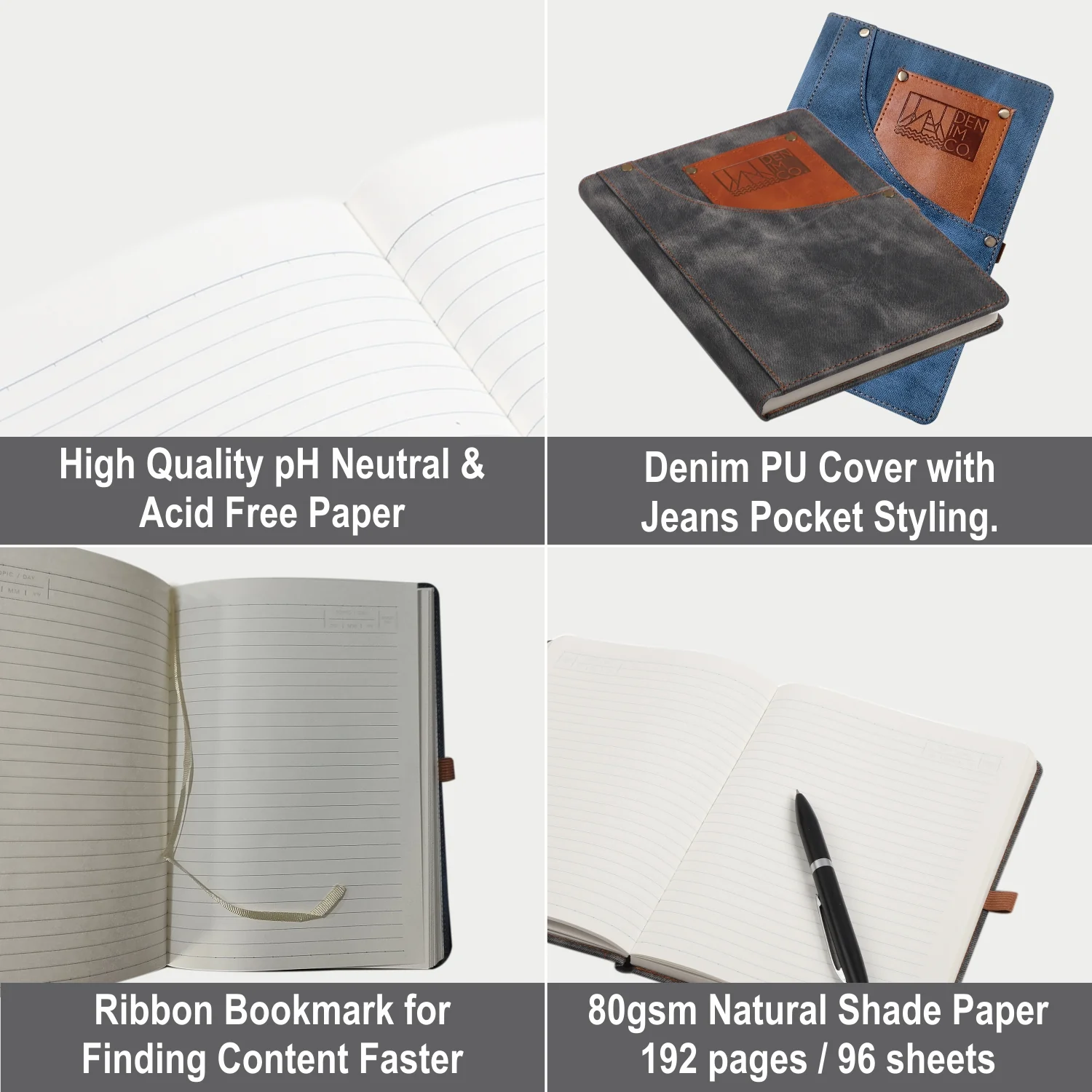 Anupam Engage Ruled Notebook-Denim PU Hardcover Journal Notebook-80 gsm 192 Pages Thick Paper Notebook with Front Pockets - Image 5