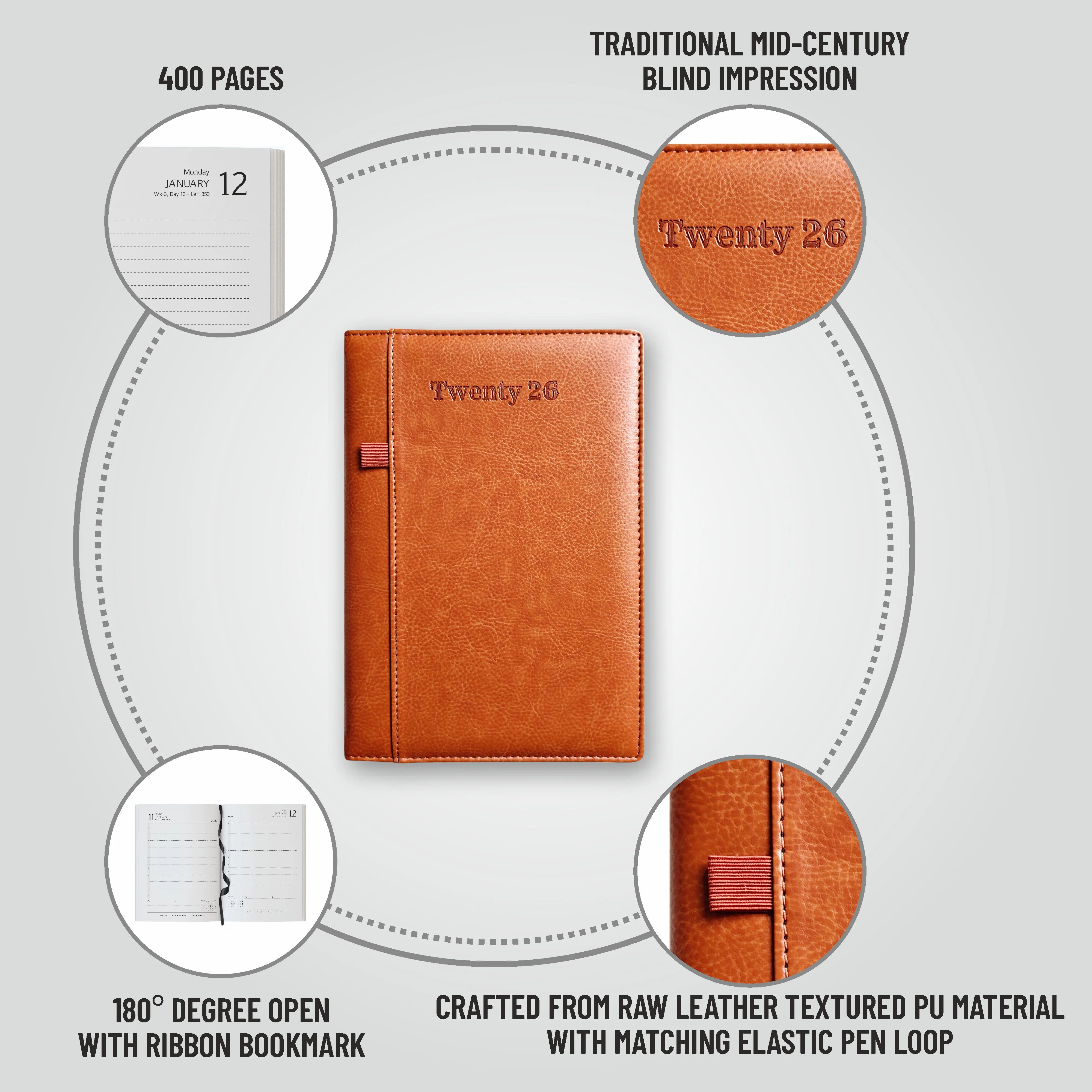 Anupam Exec 2026 Diary Dated Daily Planner – Full Page Per Day, 80 GSM Paper, Monthly Calendar, PU Leather Cover, Pen Holder, 365 Days Office Diary - Image 10