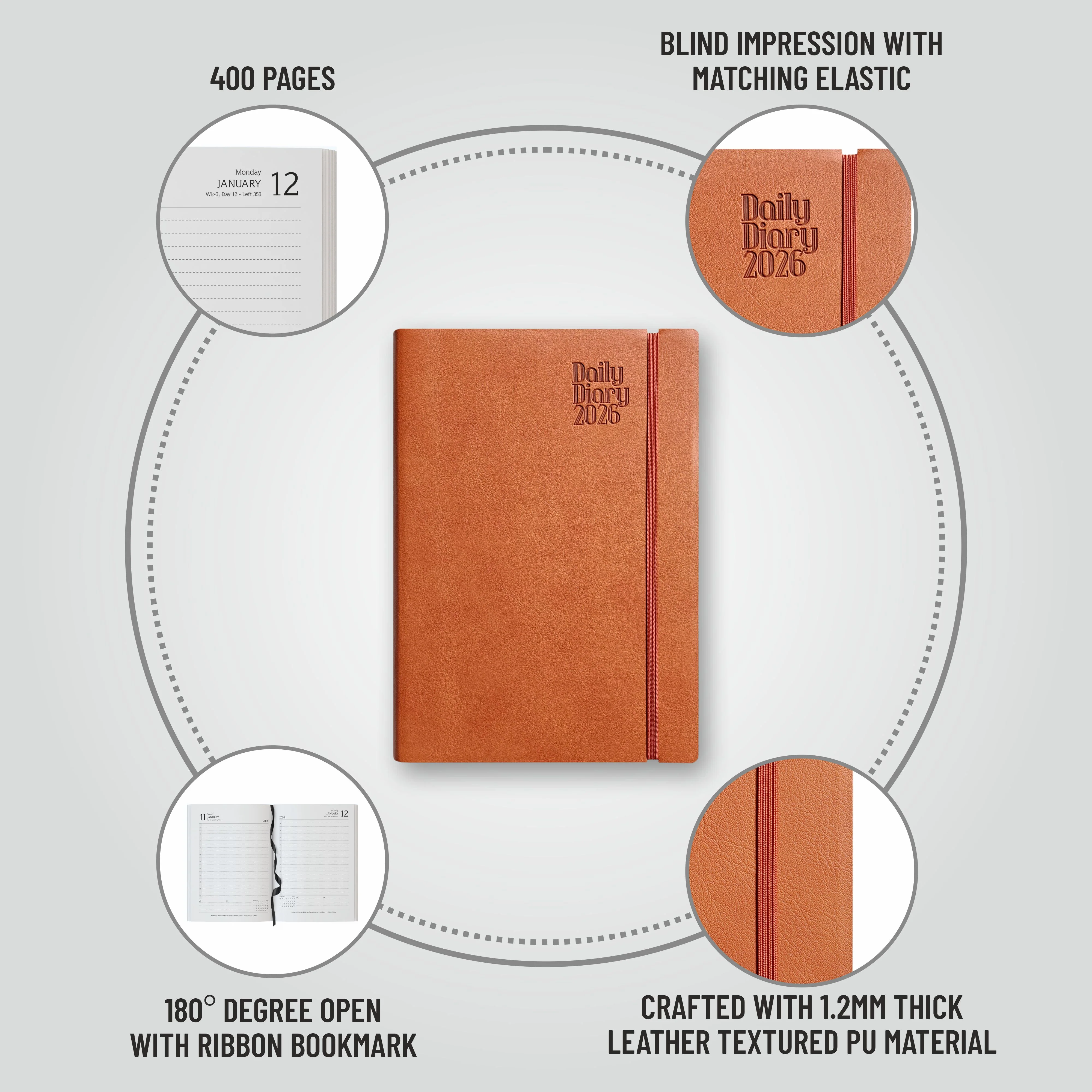 Anupam Flxy 2026 Diary with Dates - 80 GSM Paper 2026 Daily Planner Full Page Per Day with Monthly Calendar, 365 Days New Year Diary, Flexible Leather PU Cover, Matching Elastic Closure - Image 10