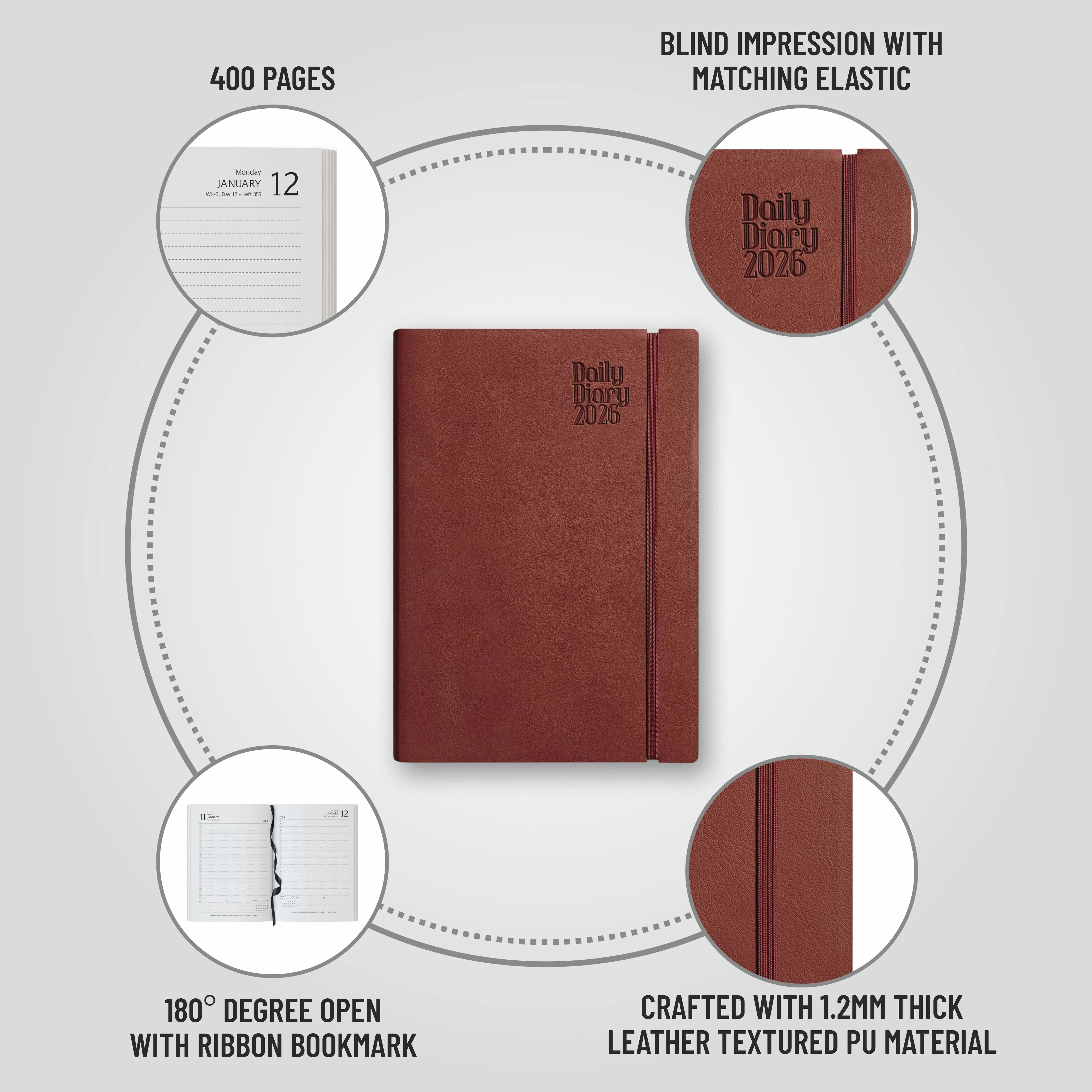 Anupam Flxy 2026 Diary with Dates - 80 GSM Paper 2026 Daily Planner Full Page Per Day with Monthly Calendar, 365 Days New Year Diary, Flexible Leather PU Cover, Matching Elastic Closure - Image 26
