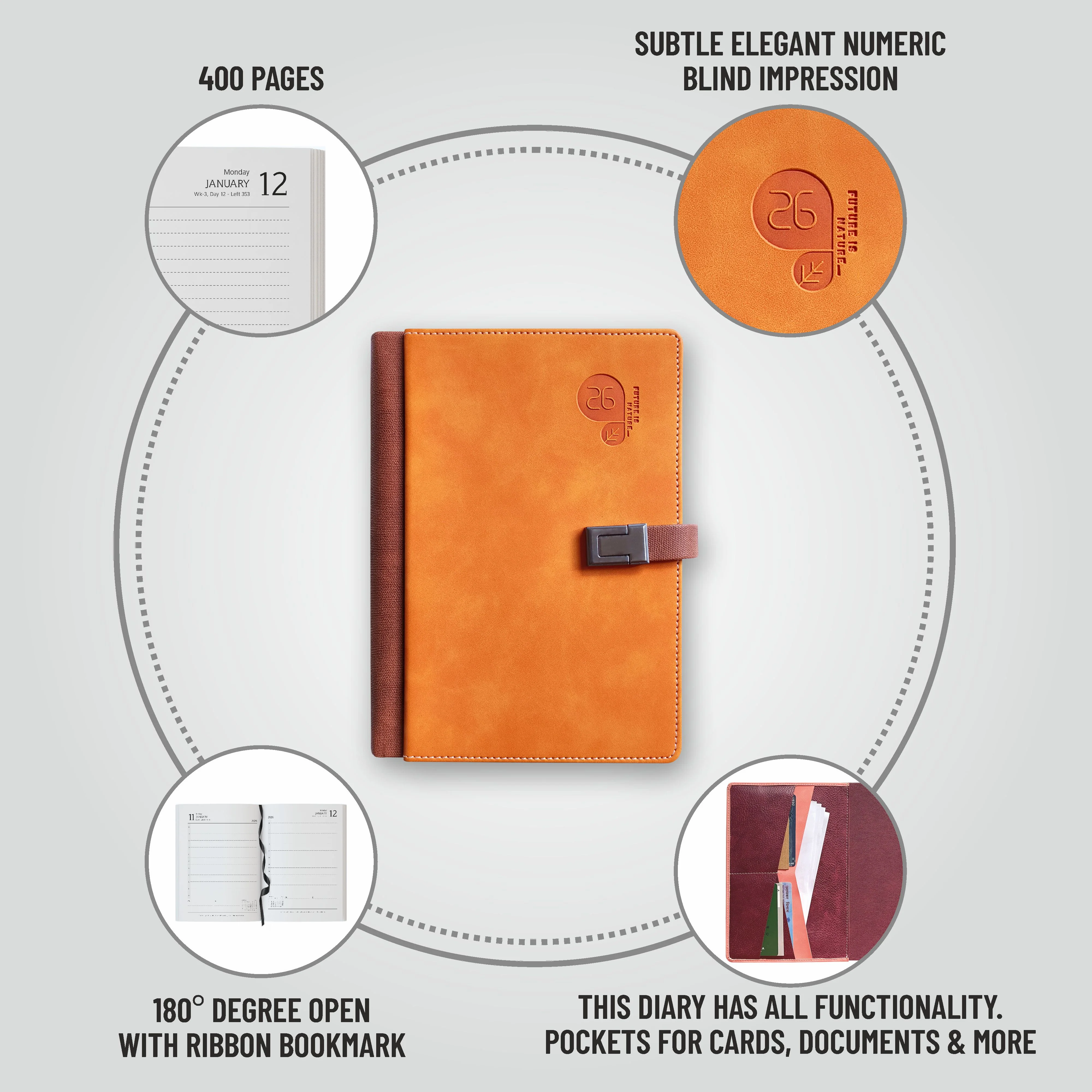 Anupam Fly 2026 New Year Diary with Dates – A5 Daily Planner with Monthly Calendar, 400 Pages, Canvas Textured PU Cover, Magnetic Closure & Pen Holder - Image 11
