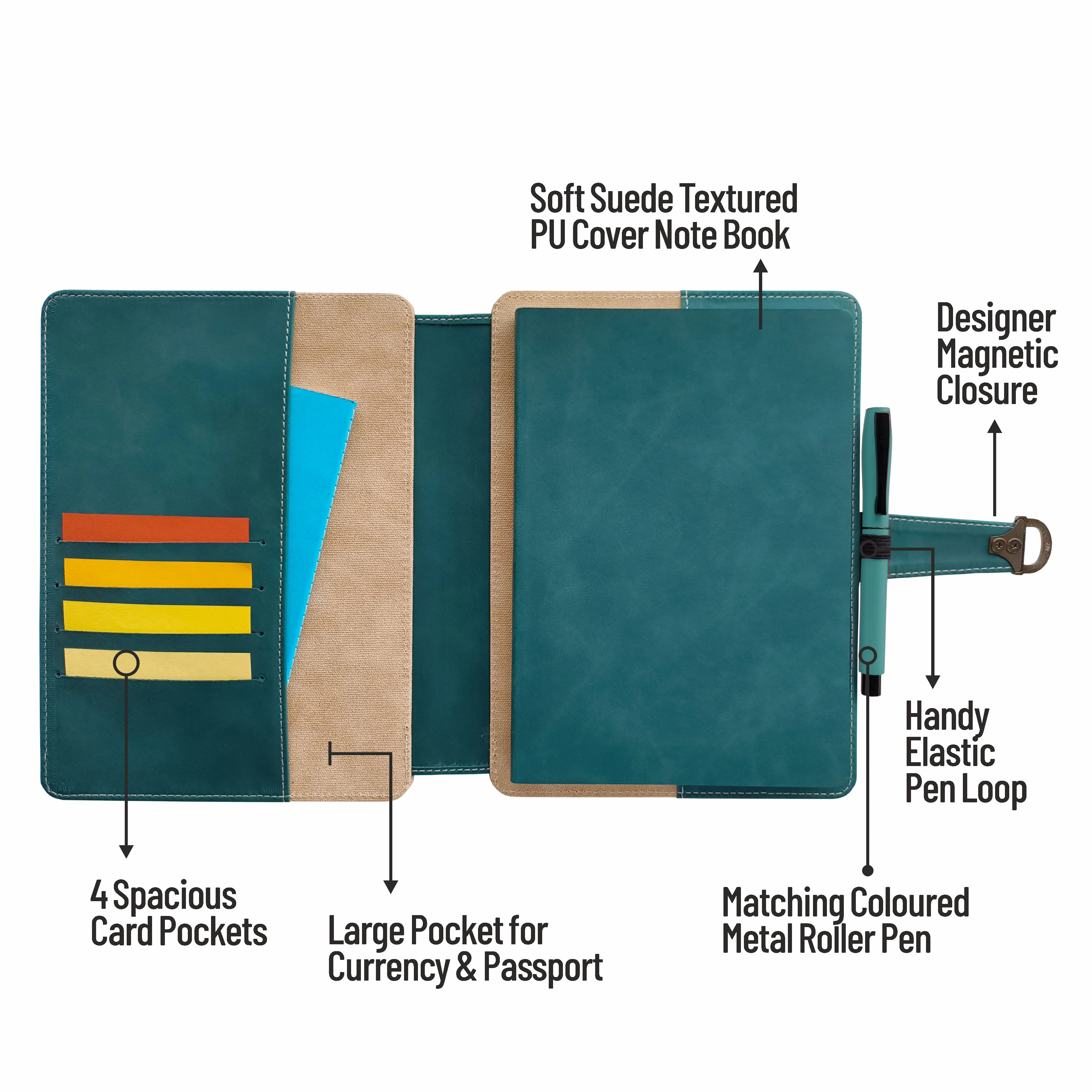 Anupam Glitz Journal Notebook 100 Gsm PU Leather Notebook| A5 Planner with Magnetic Closure, Water & Bill Tracker, Monthly & Yearly Planner, 180° Flat Design, Card Pockets, Passport Holder & Metal Pen – 120 Pages - Image 3
