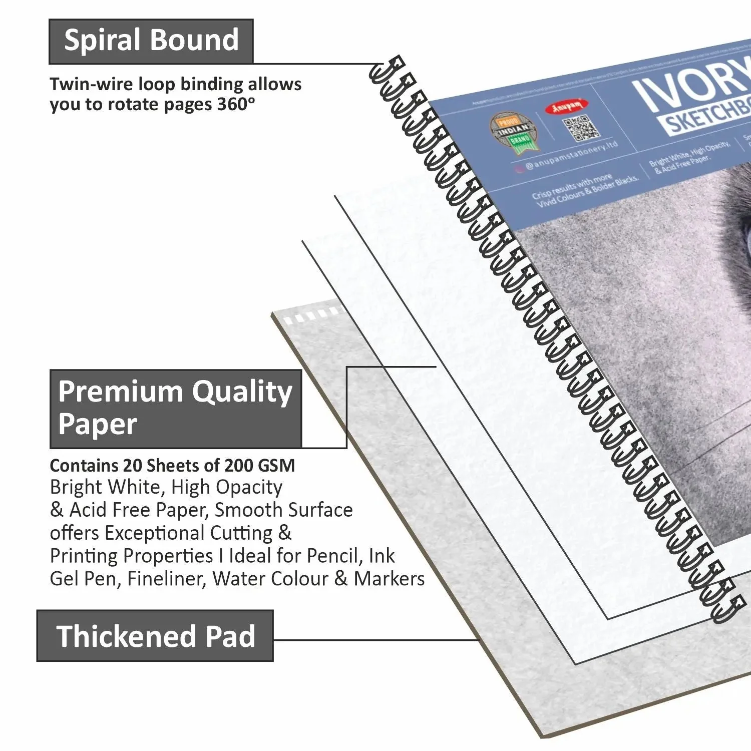 Anupam Wiro Bound Ivory Paper Sketchbook - 180 GSM - 20 Sheets - Image 3