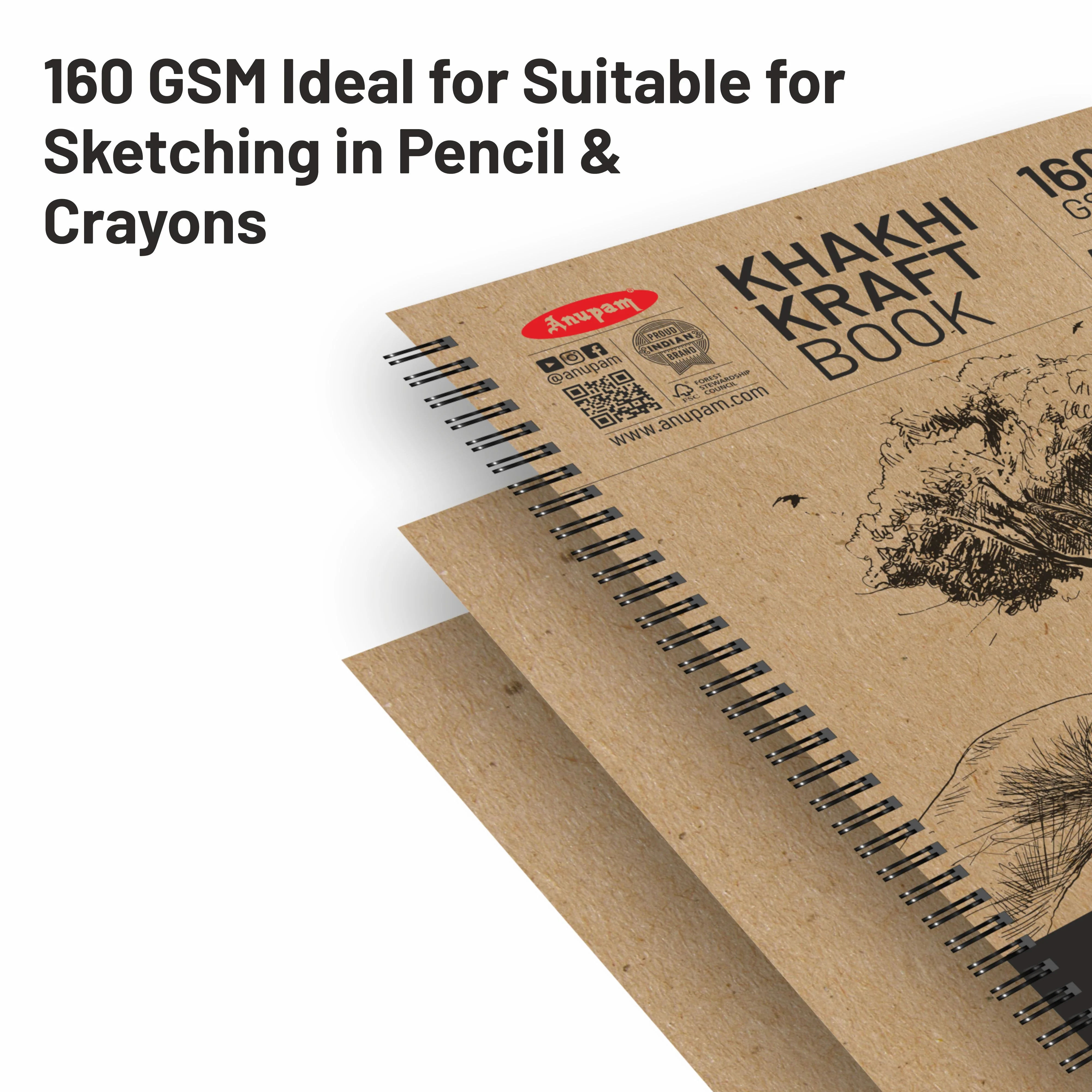 Anupam Khaki Sketchbook - Cartridge Paper - Soft Cover-Wireo book - 160 GSM - Image 24