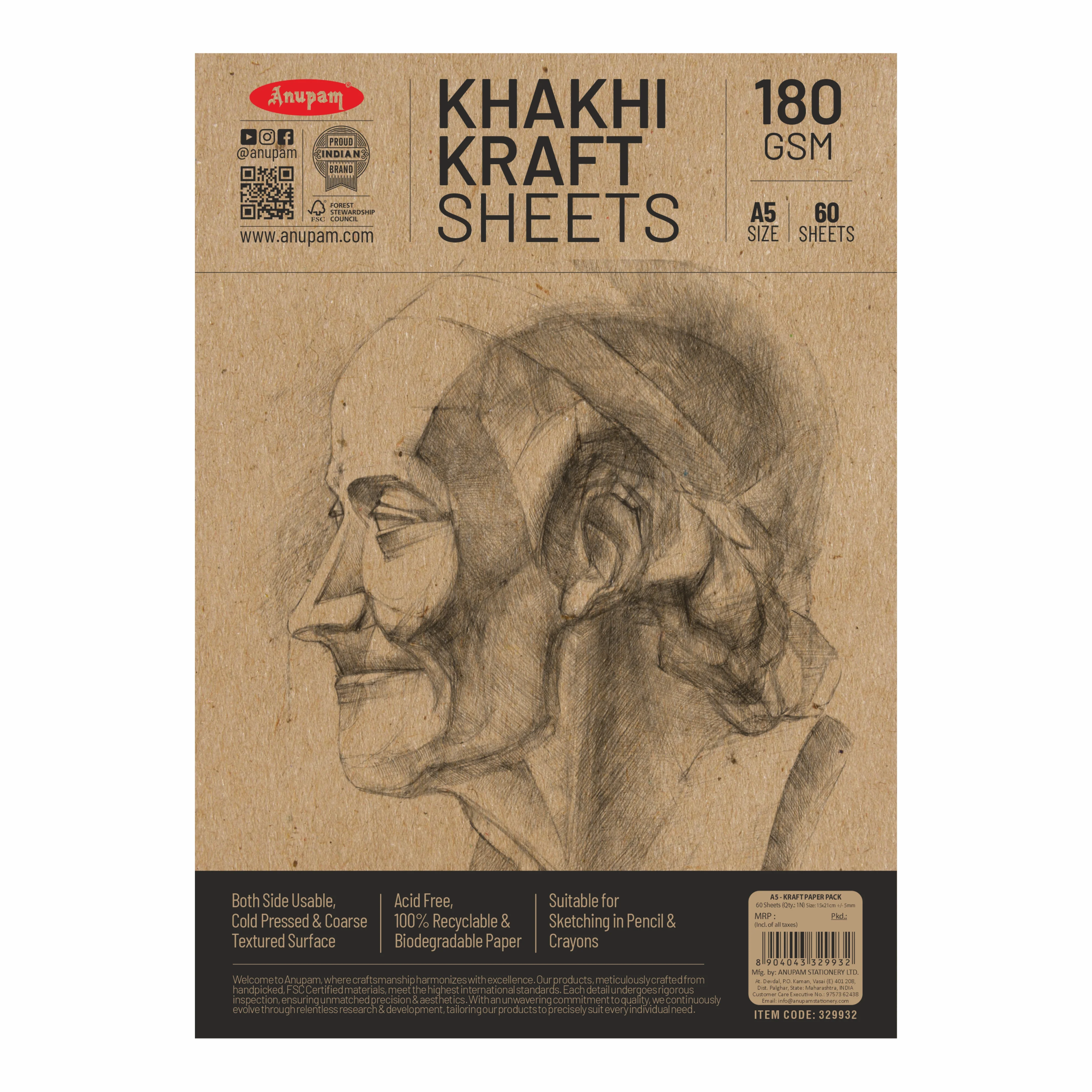Anupam Kraft Paper Brown Colour-100% Recyclable Acid Free - Plain Paper-Loose Sheets-180 GSM