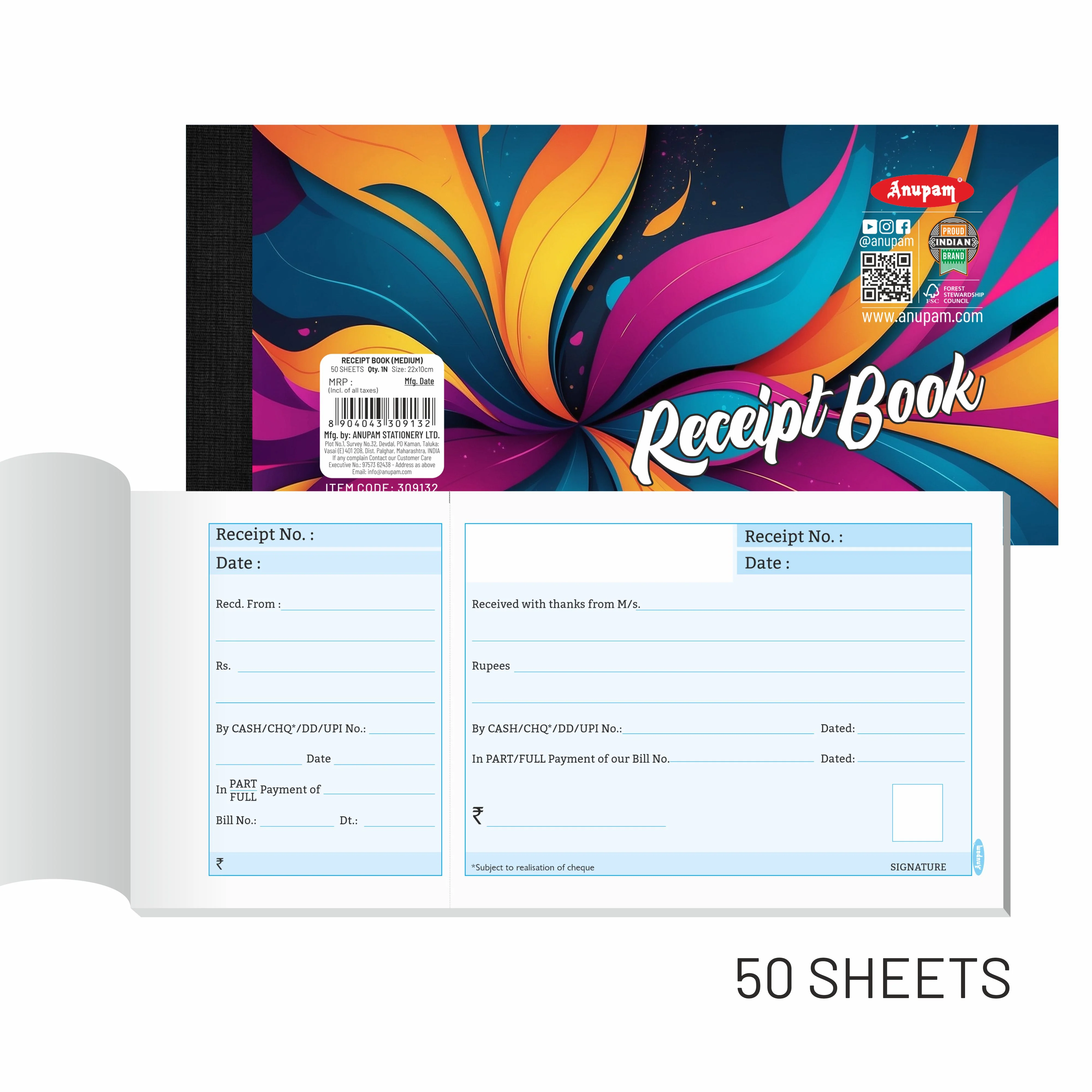 Anupam Medium Receipt Book Robust Board Back Cover – 22x10 cm, 50 Sheets ( Pack of 3) - Image 4