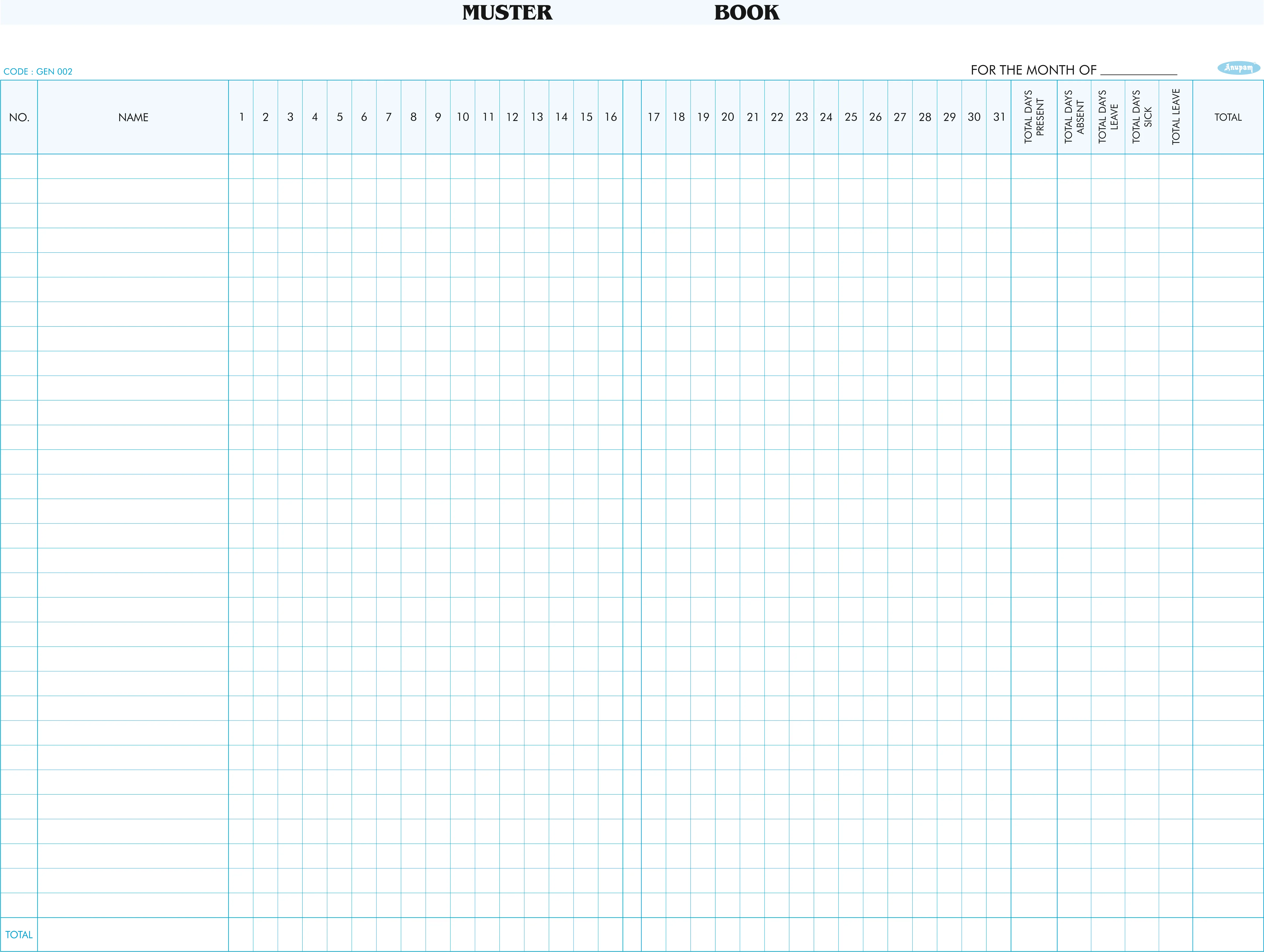 Anupam Muster Roll 002 – Register Hard Bound Ledger Paper - Image 2
