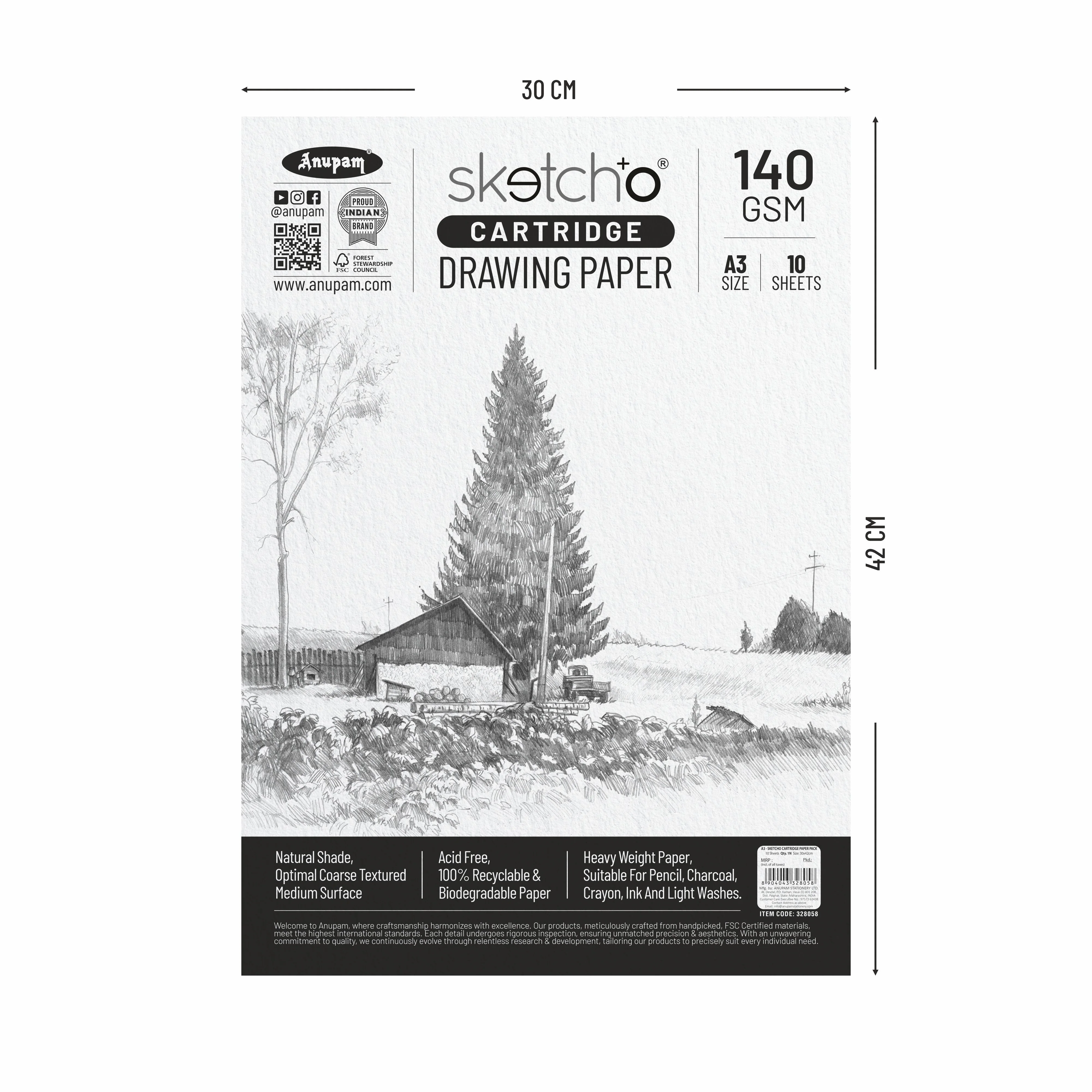 Anupam Sketch-O Cartridge Drawing Paper for sketching and drawing Loose sheets 140 GSM - Image 2