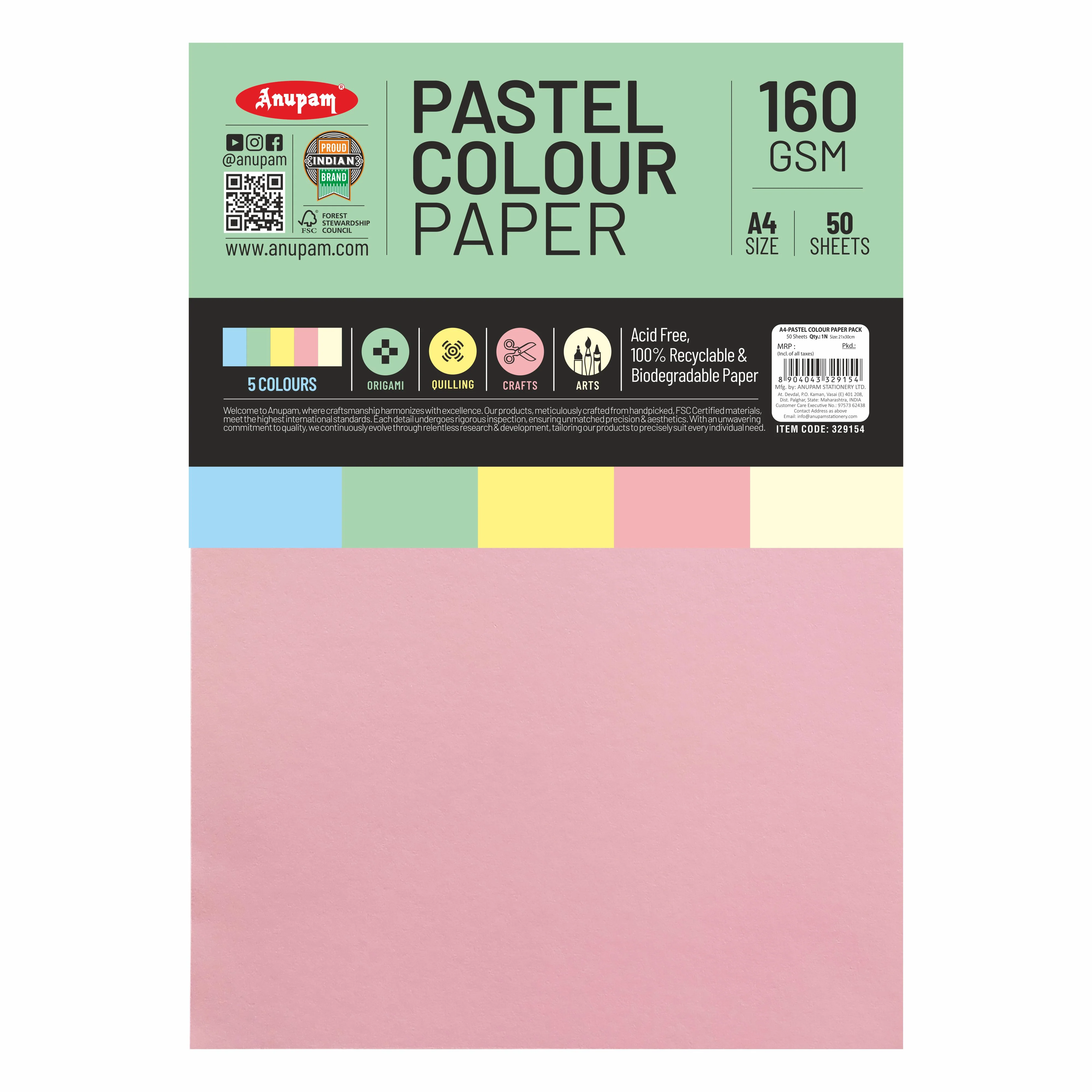 Anupam Colour Paper Pastel Shades 5 colour - 160 GSM Pack - Image 2