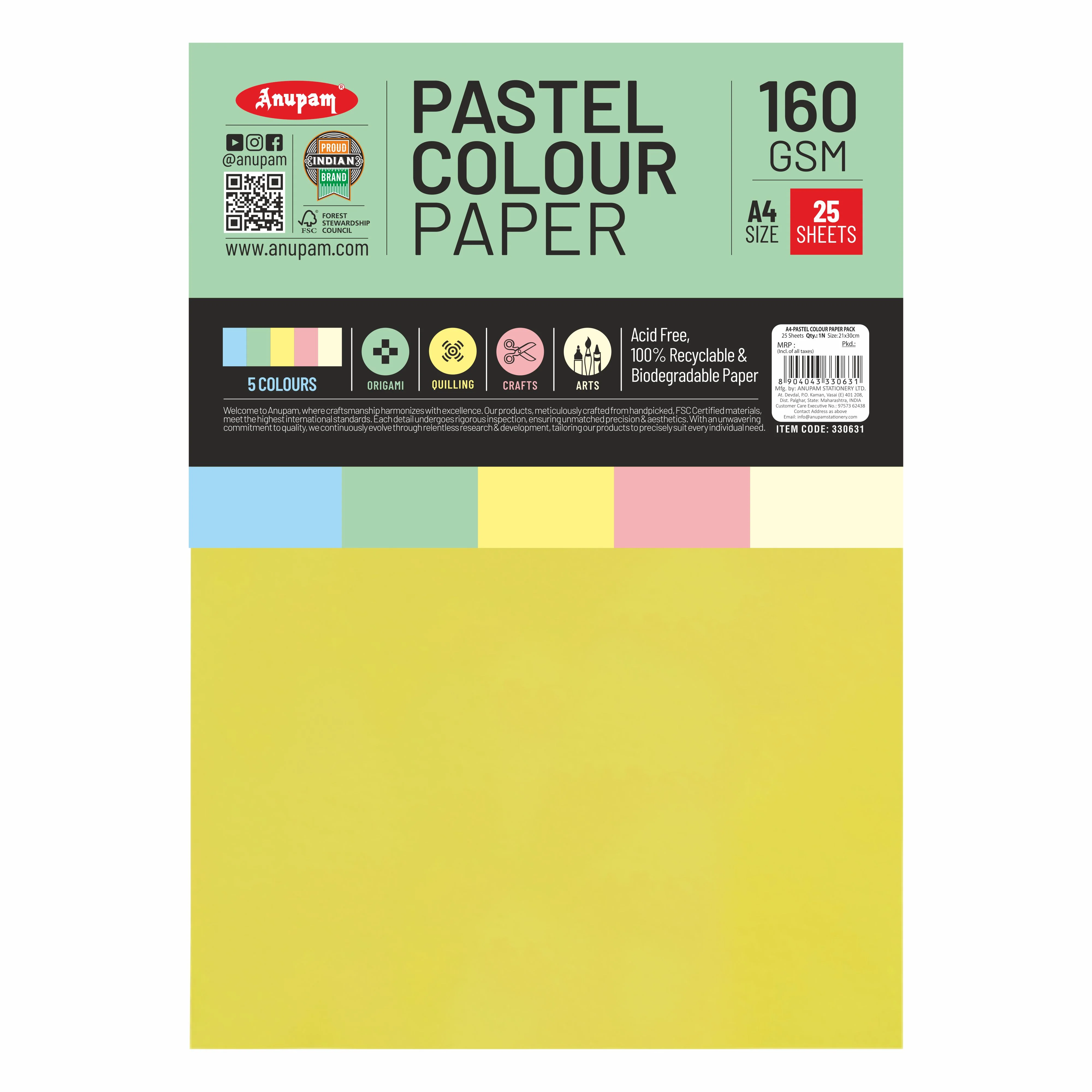 Anupam Colour Paper Pastel Shades 5 colour - 160 GSM Pack - Image 3