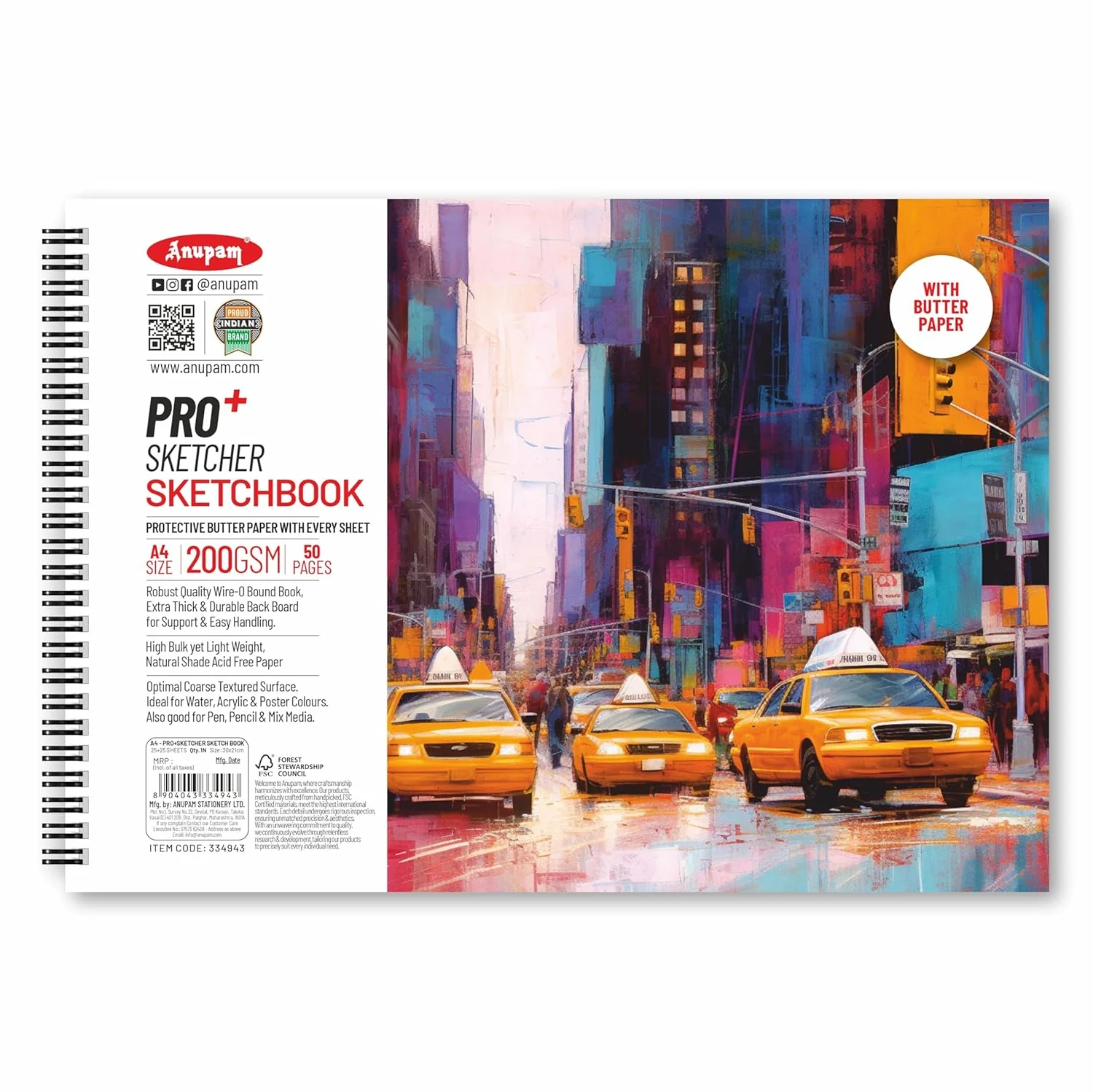 Anupam Pro Sketcher Drawing Book with Butter Paper Pages Size Spiral-Bound Sketchpad 200 GSM for Artists, Kids & Professionals (25 Sheets, 50 Pages)