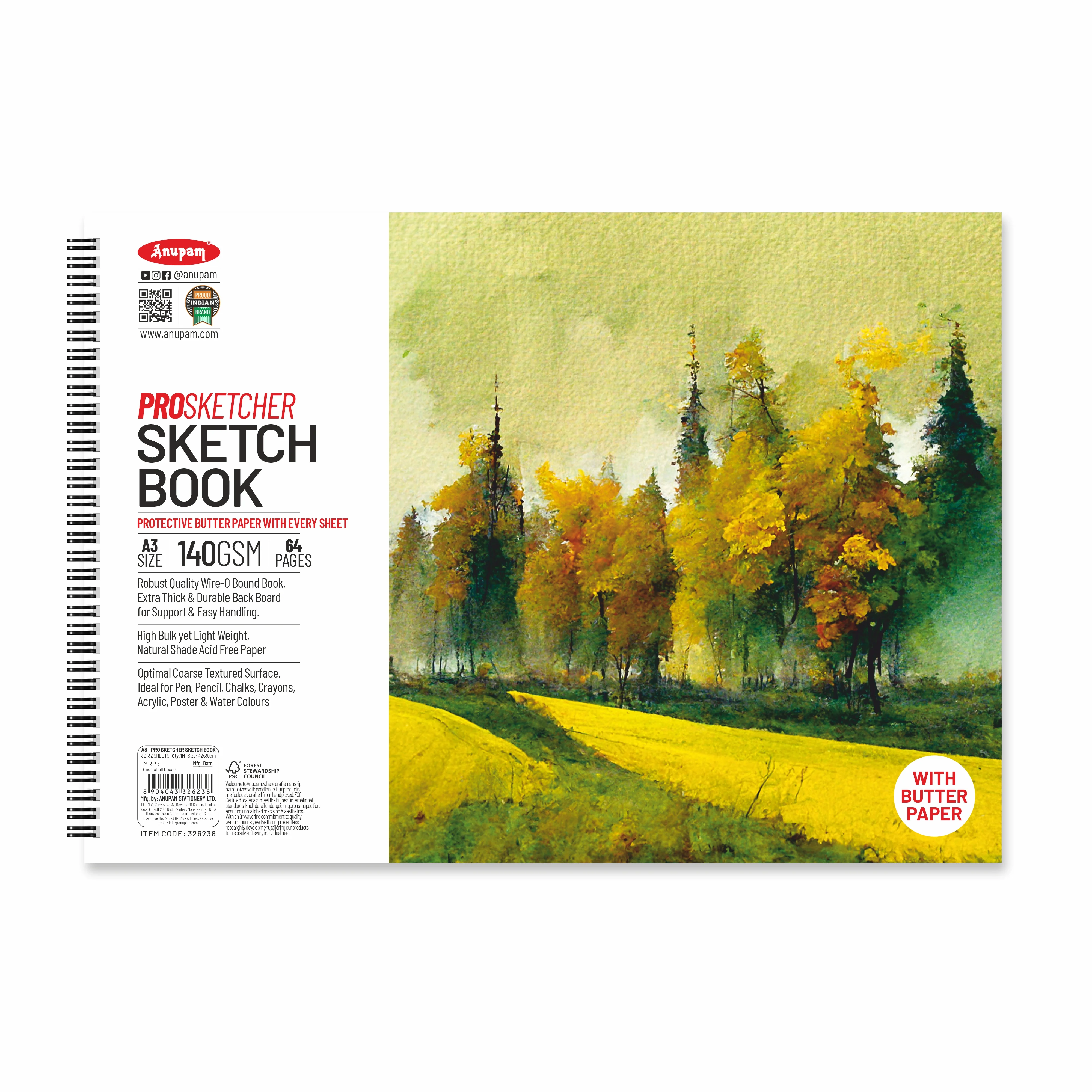 Anupam Pro Sketcher Drawing Book with Butter Paper Pages Spiral-Bound Sketchpad 140 GSM for Artists, Kids & Professionals (32 Sheets, 64 Pages)