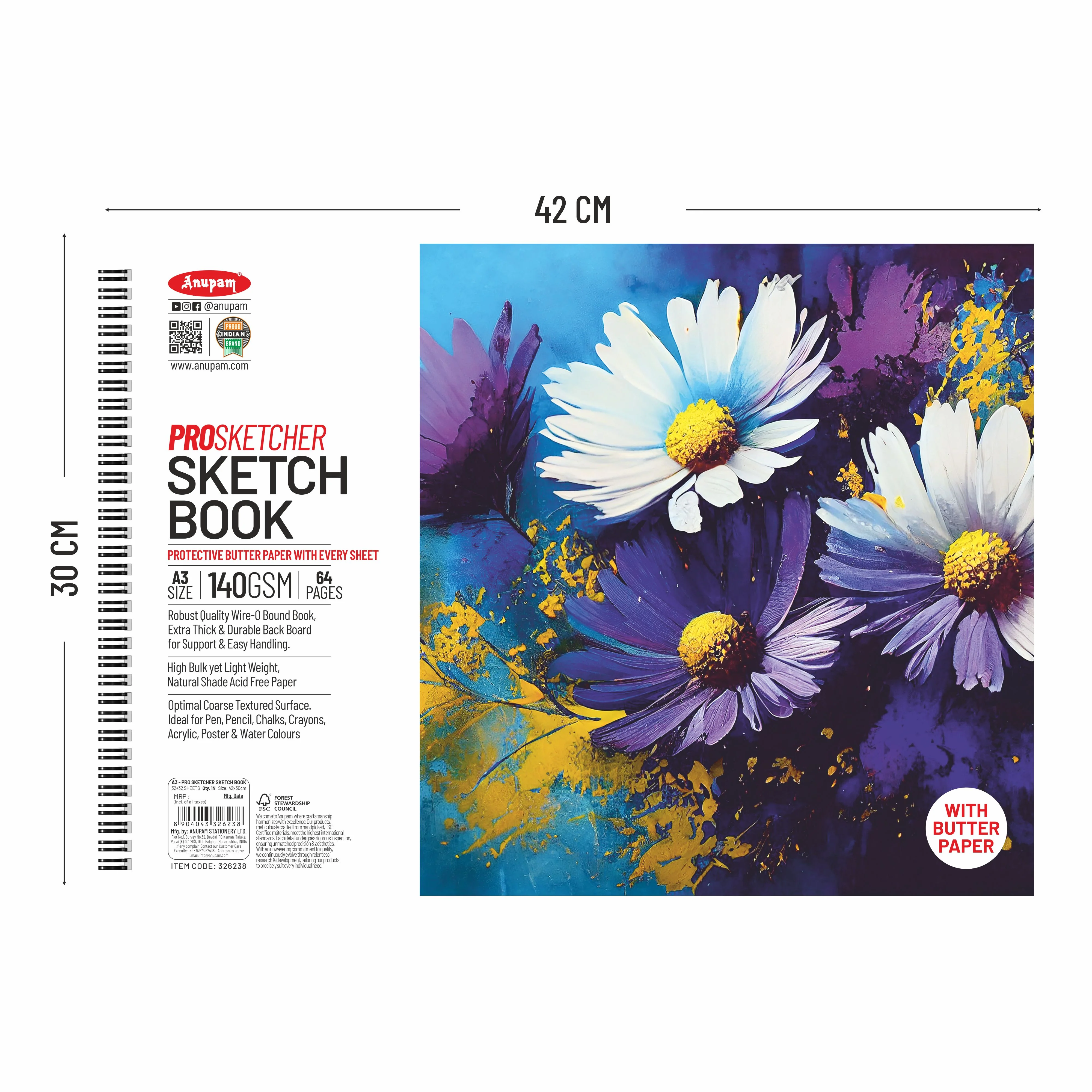 Anupam Pro Sketcher Drawing Book with Butter Paper Pages Spiral-Bound Sketchpad 140 GSM for Artists, Kids & Professionals (32 Sheets, 64 Pages) - Image 2