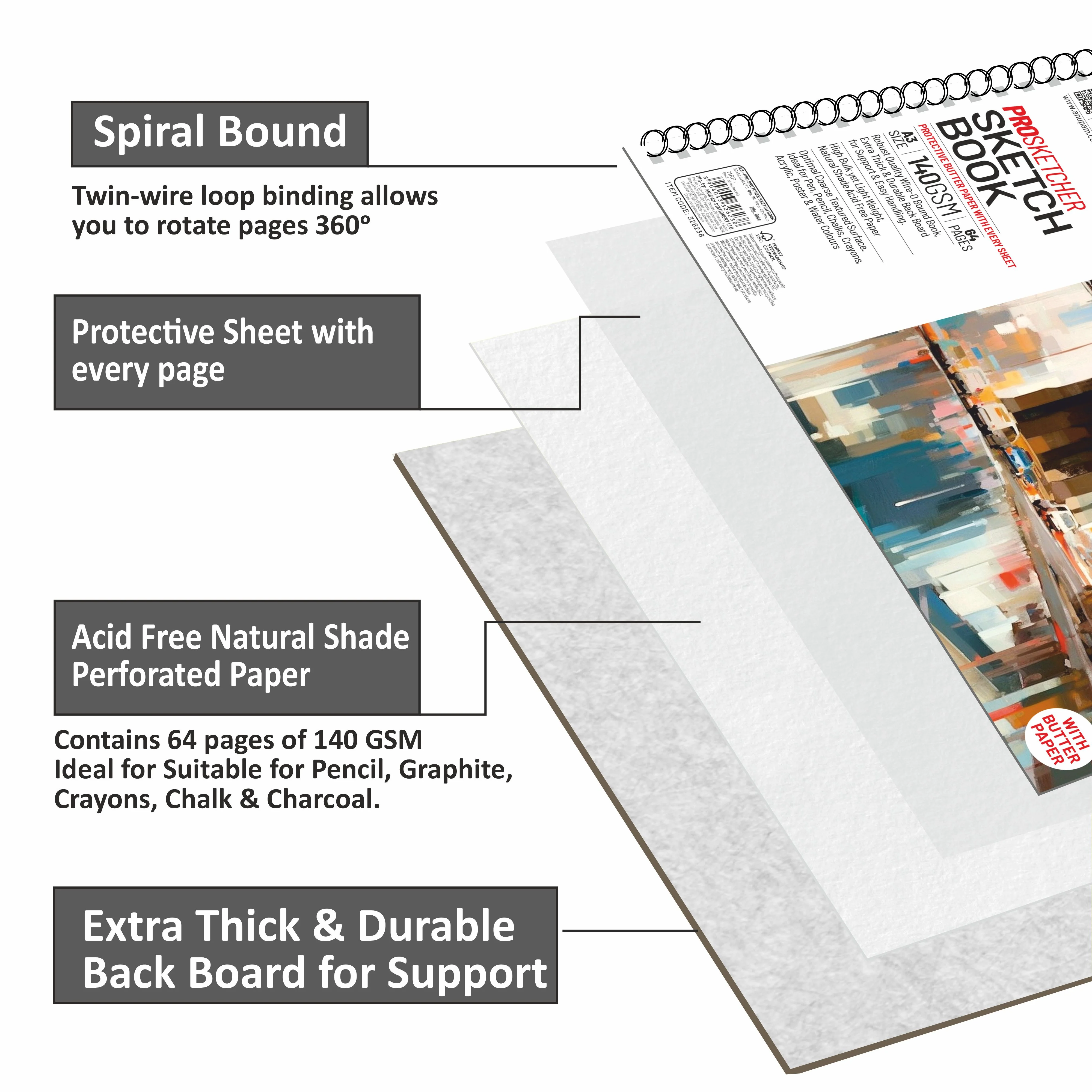 Anupam Pro Sketcher Drawing Book with Butter Paper Pages Spiral-Bound Sketchpad 140 GSM for Artists, Kids & Professionals (32 Sheets, 64 Pages) - Image 4