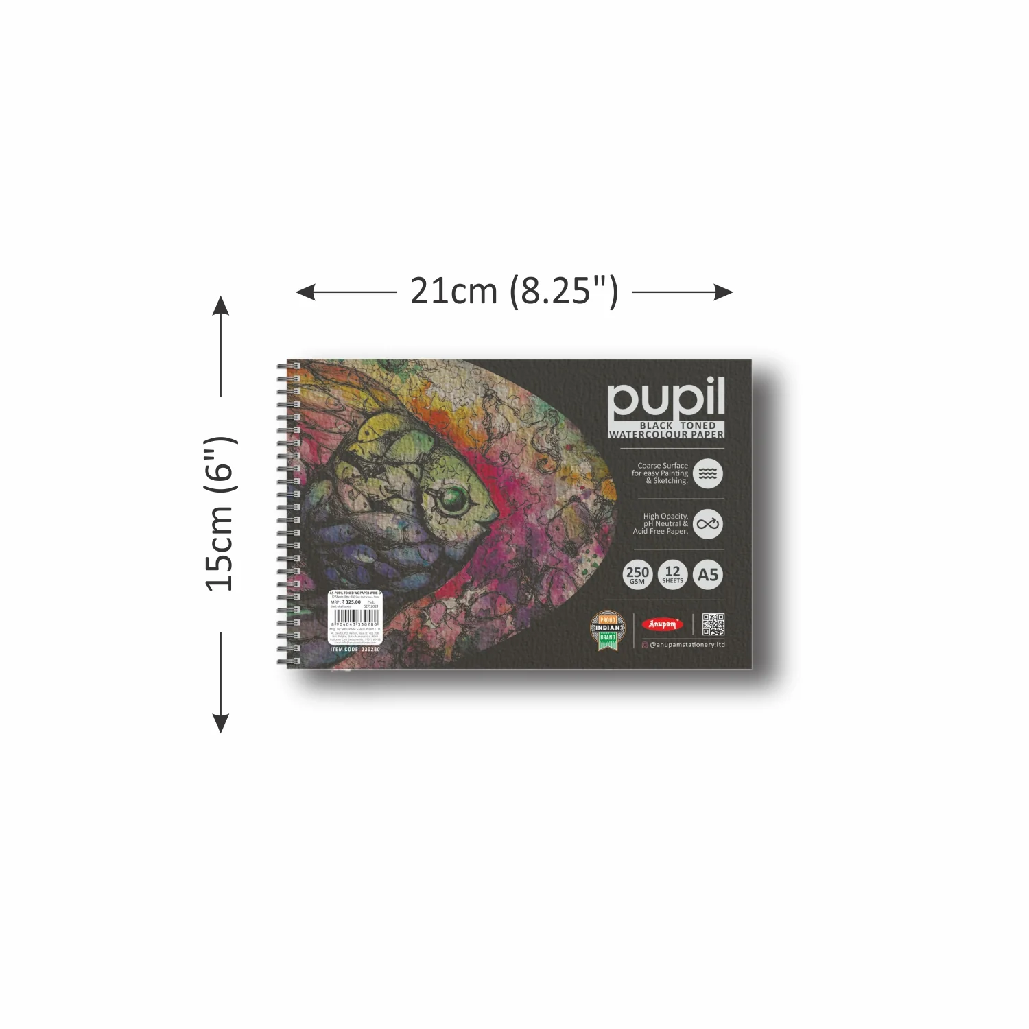Anupam Pupil Black Toned Watercolour Paper - Wireo Book - 250 GSM - 12 Sheets - Image 3