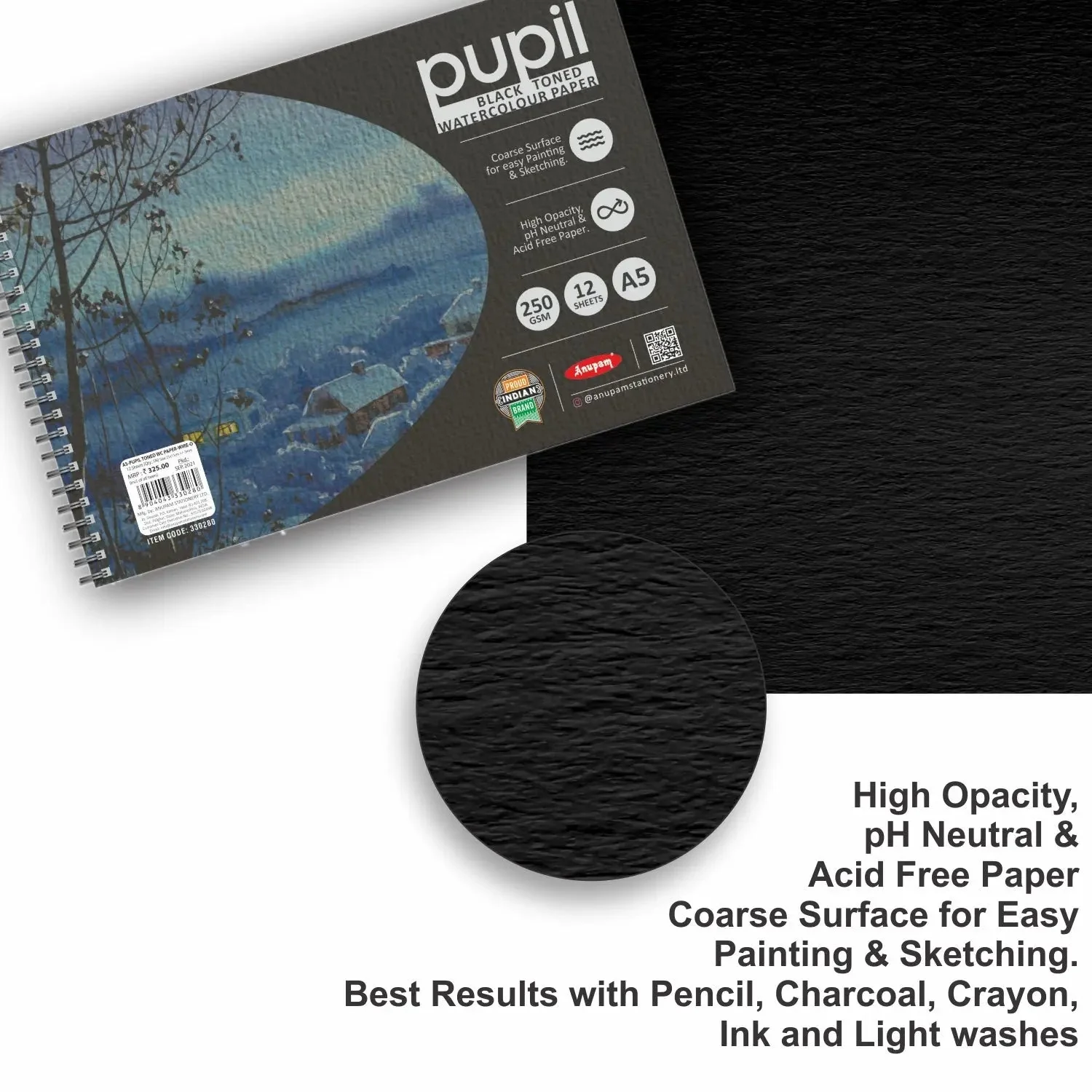 Anupam Pupil Black Toned Watercolour Paper - Wireo Book - 250 GSM - 12 Sheets - Image 6