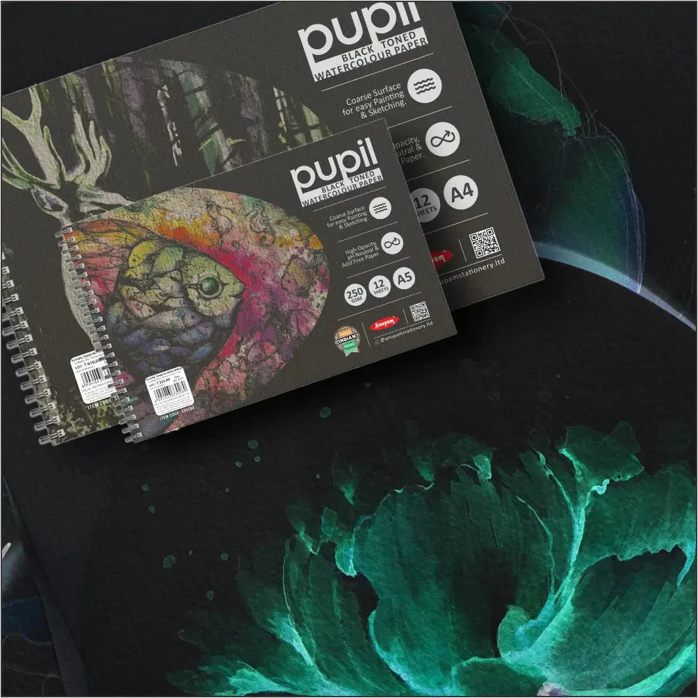 Anupam Pupil Black Toned Watercolour Paper - Wireo Book - 250 GSM - 12 Sheets - Image 8