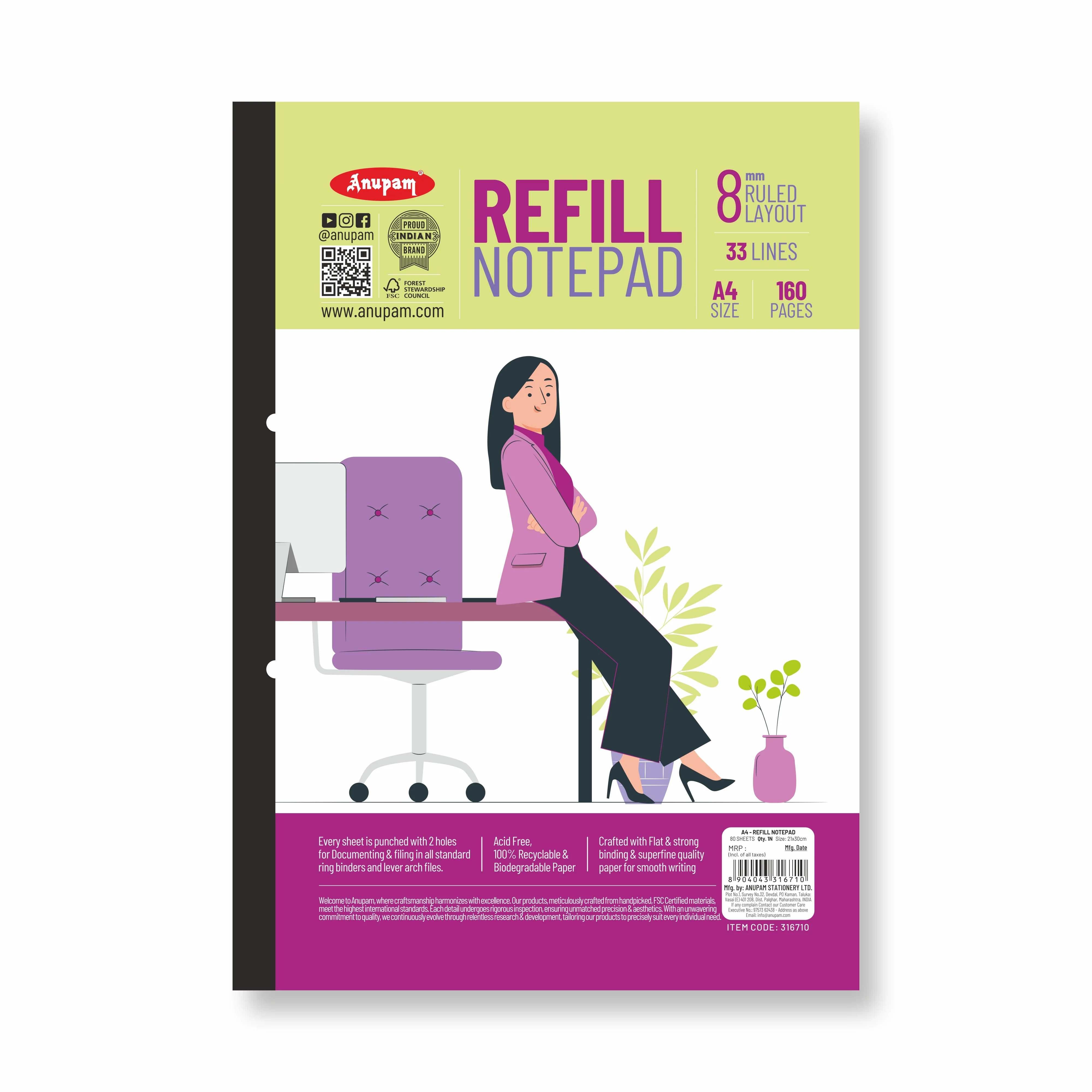 Anupam Refill Writing Notepad A4 Lined Paper-Wide Ruled-80 Sheets-Notepad, One Side Glue Bound-2 Hole Punched Notebook - Image 10