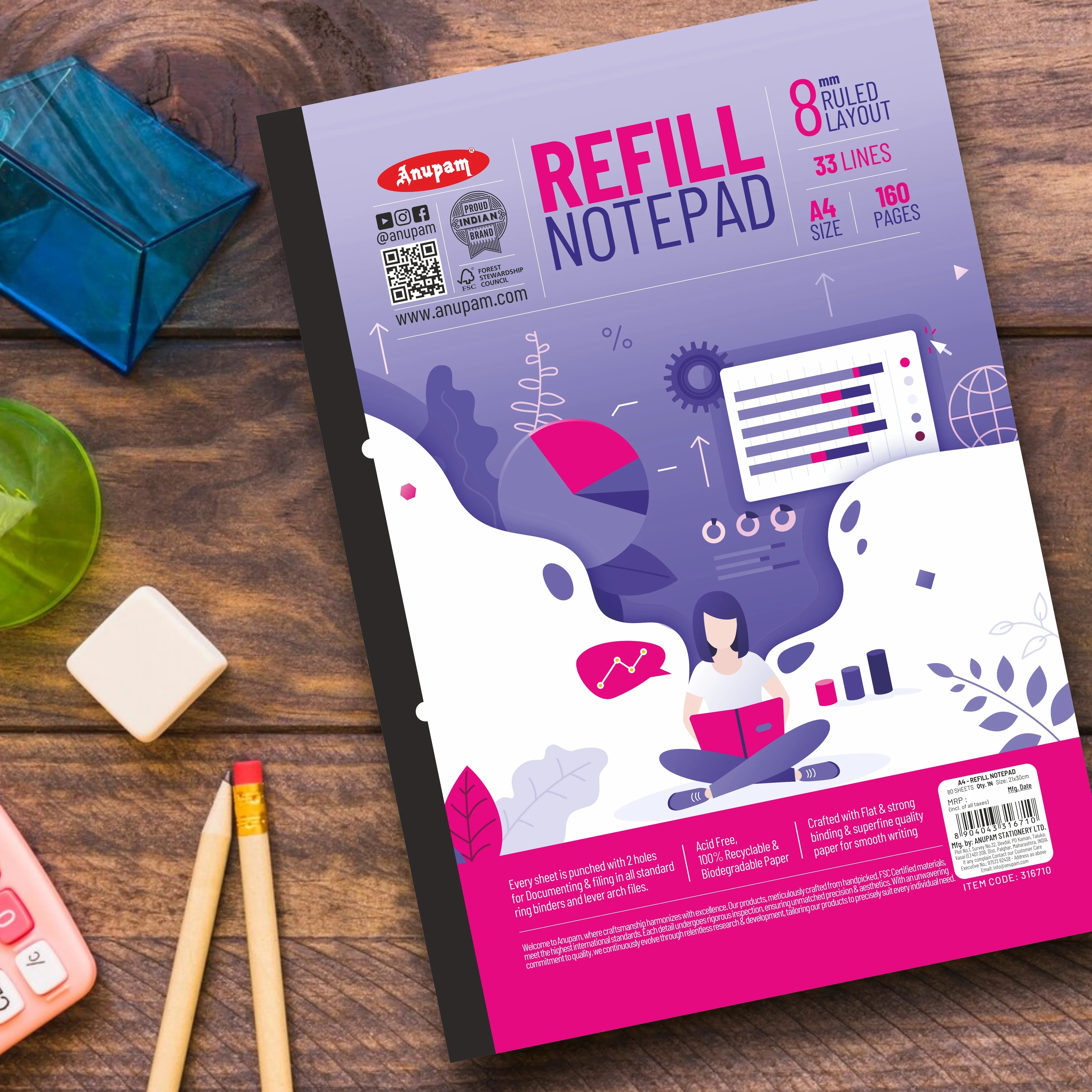 Anupam Refill Writing Notepad A4 Lined Paper-Wide Ruled-80 Sheets-Notepad, One Side Glue Bound-2 Hole Punched Notebook - Image 14